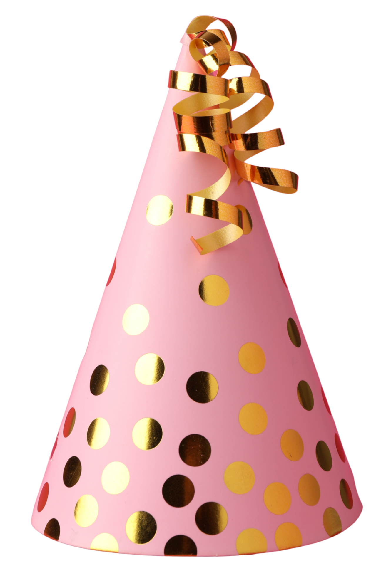 Pink party hat with gold polka dots and gold curled ribbons at the top.