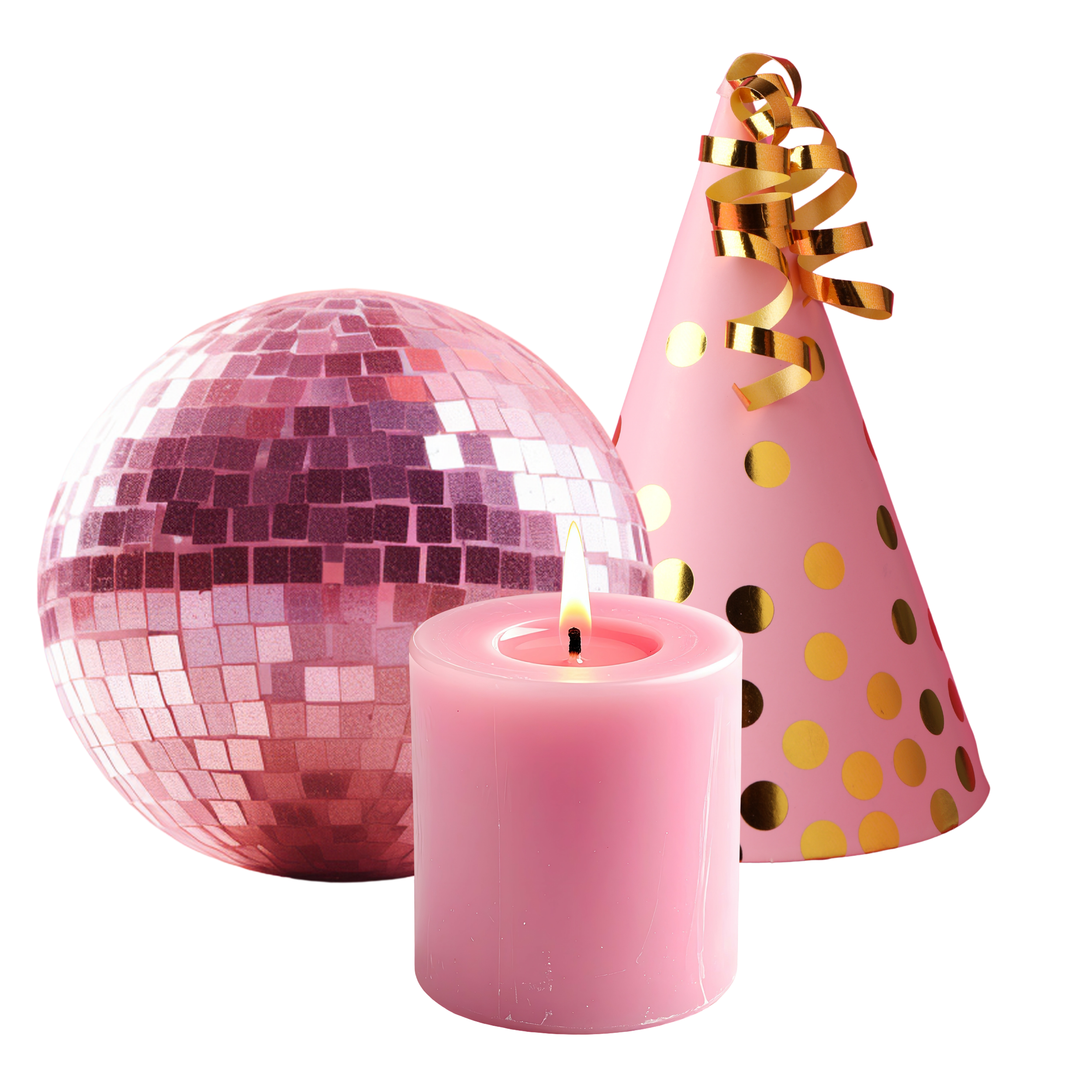 Pink birthday candle with a lit flame, a pink disco ball, and a pink party hat with gold polka dots and gold curly ribbons.