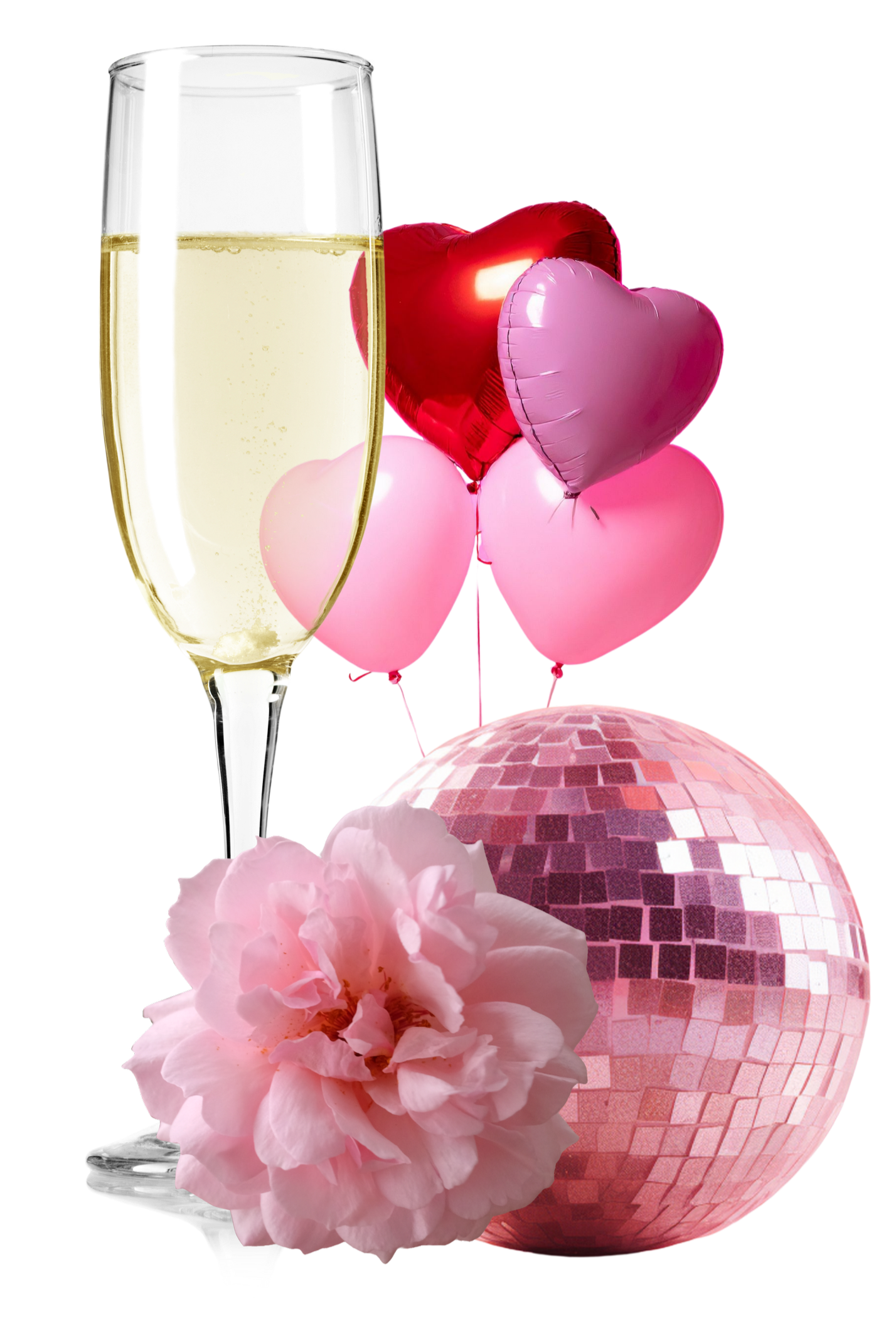 A glass of champagne, pink and red heart-shaped balloons, a pink disco ball, and pink flowers against a black background.