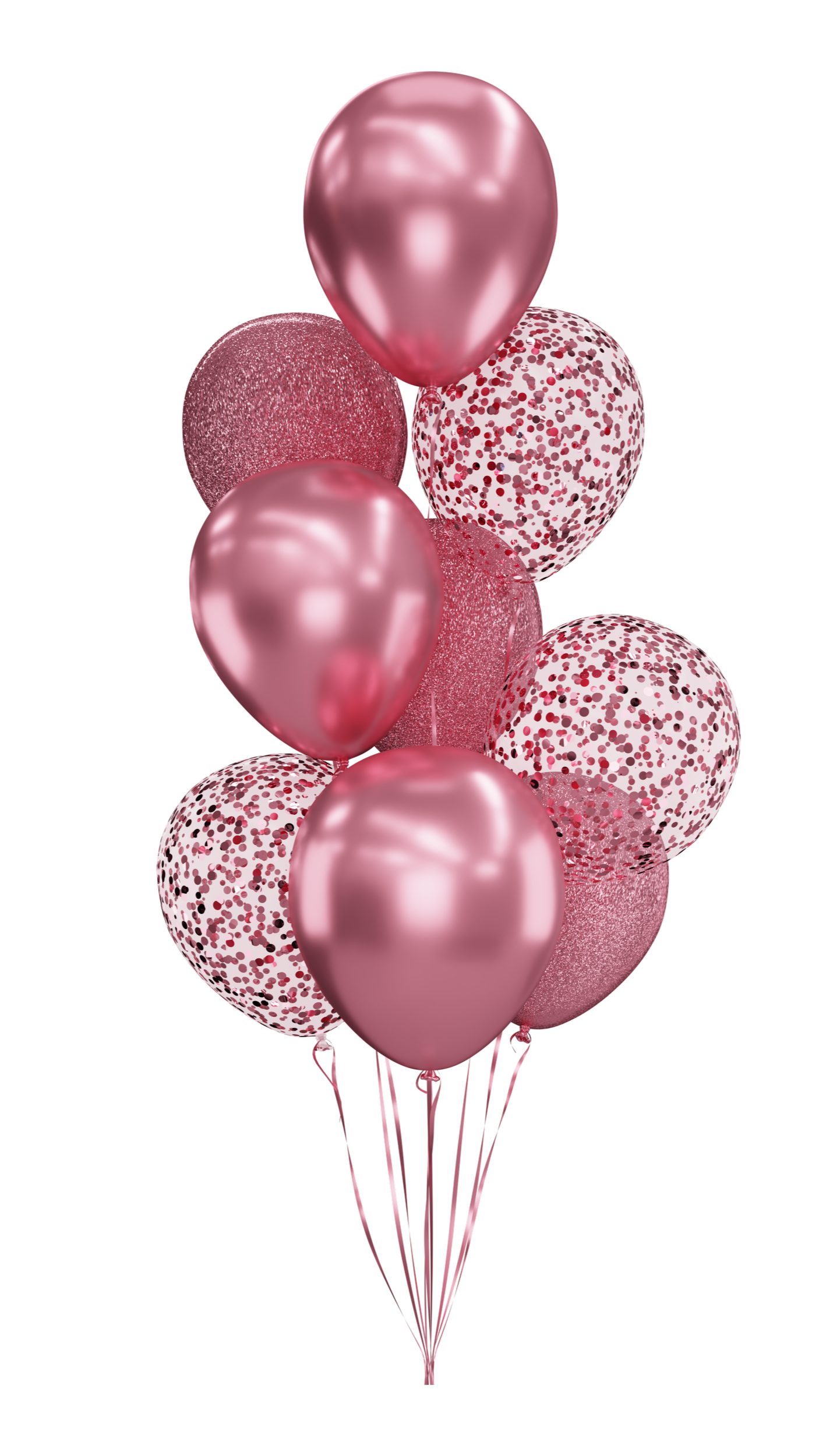 A bunch of pink balloons, some with glitter and confetti patterns, tied together against a black background.