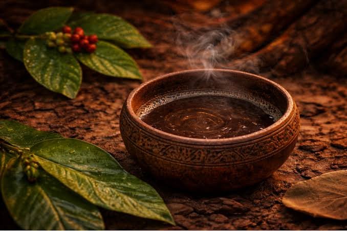 A steaming cup of black coffee in a textured ceramic mug, surrounded by green leaves and red berries, on a brown textured surface.