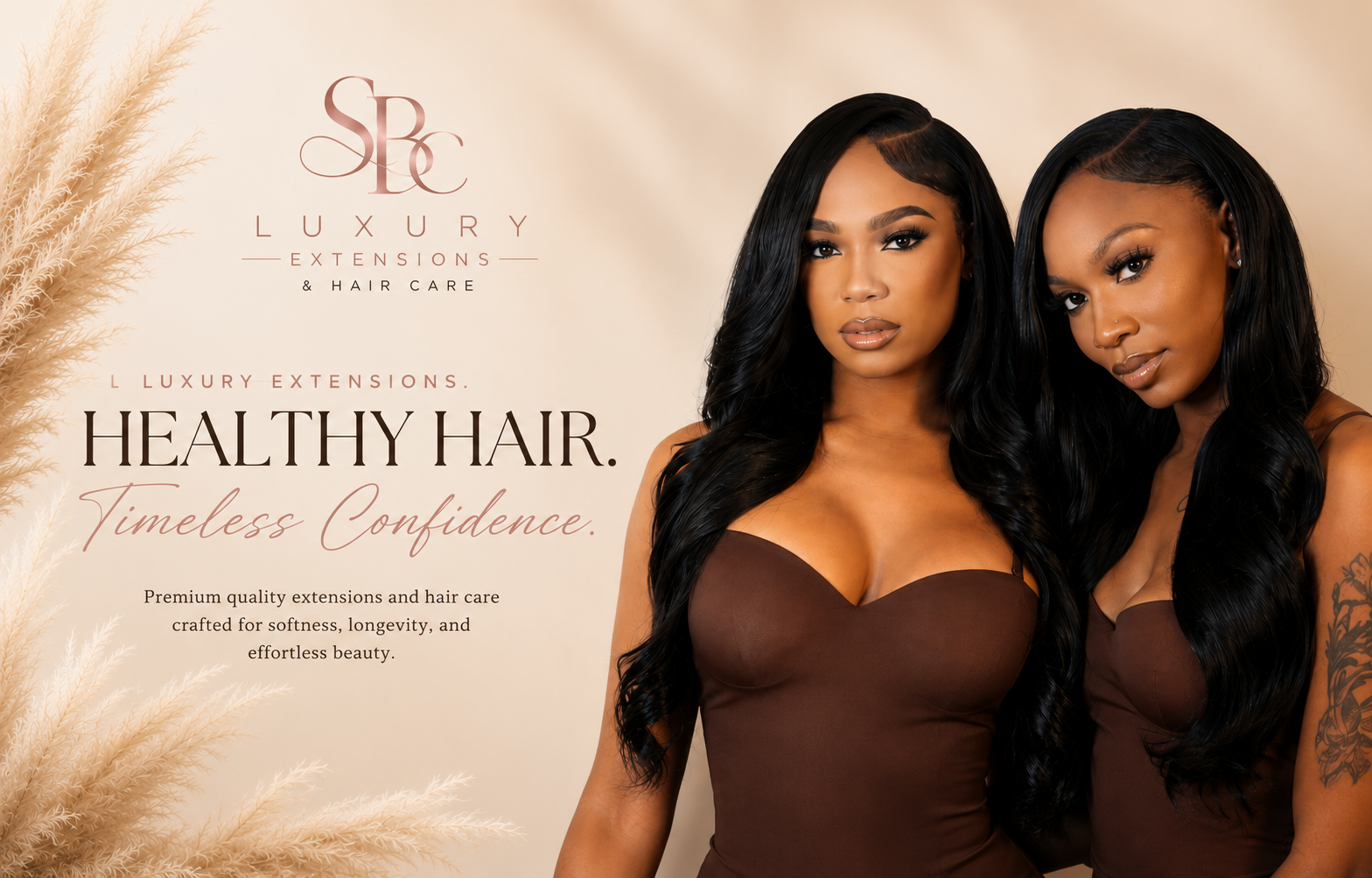 Advertisement for luxury hair extensions and hair care featuring two women with long, black, wavy hair. The text highlights healthy hair, confidence, and quality extensions.