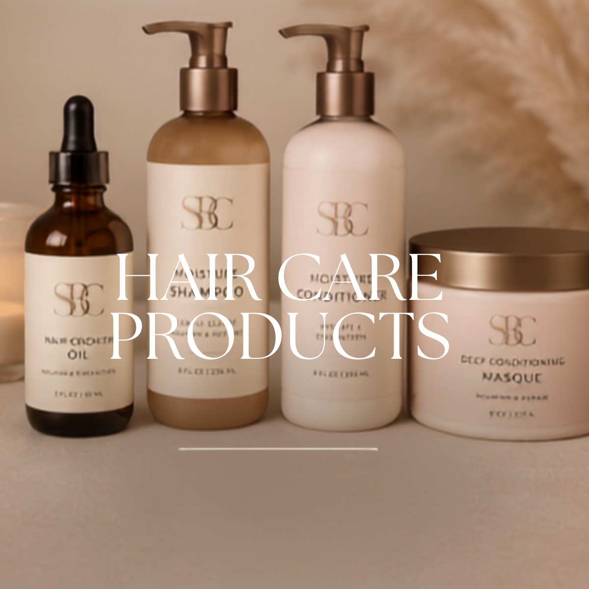 Collection of hair care products including oil, shampoo, conditioner, and a hair mask in elegant bottles with gold accents.