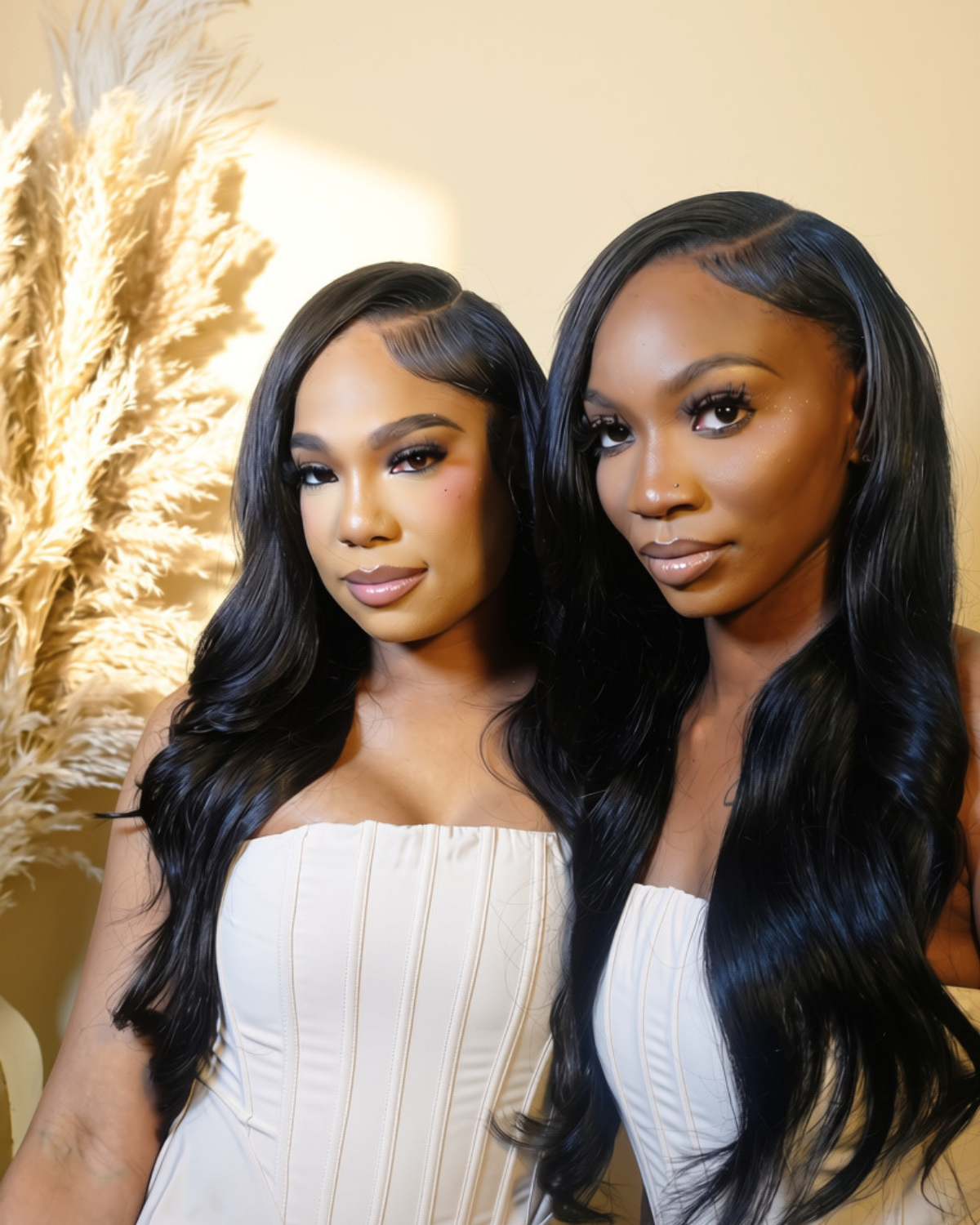 Two women with long black hair, makeup, and white tops standing close together in a room with cream-colored walls and pampas grass decor.