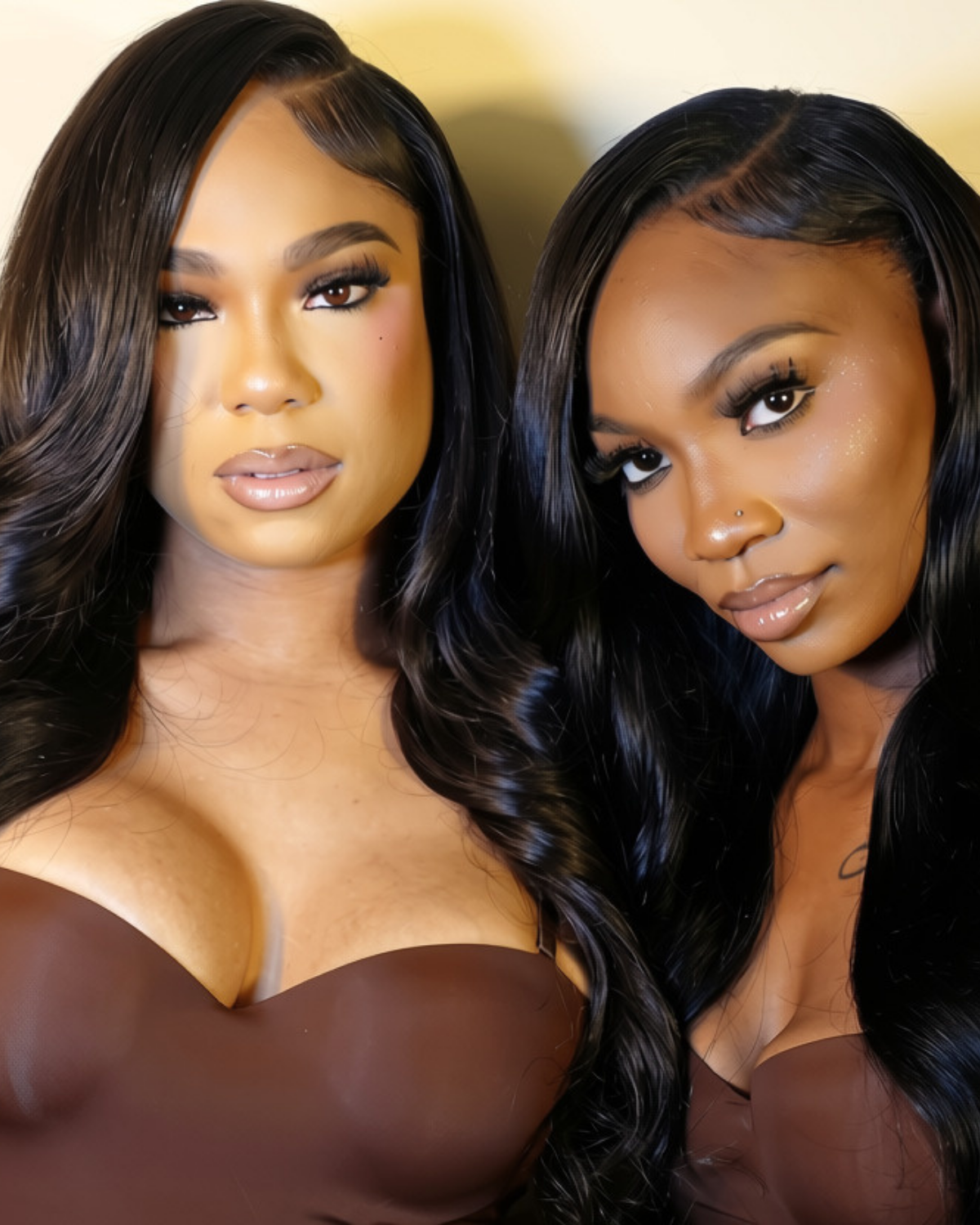 Two women with long black hair and makeup posing closely for a photo.