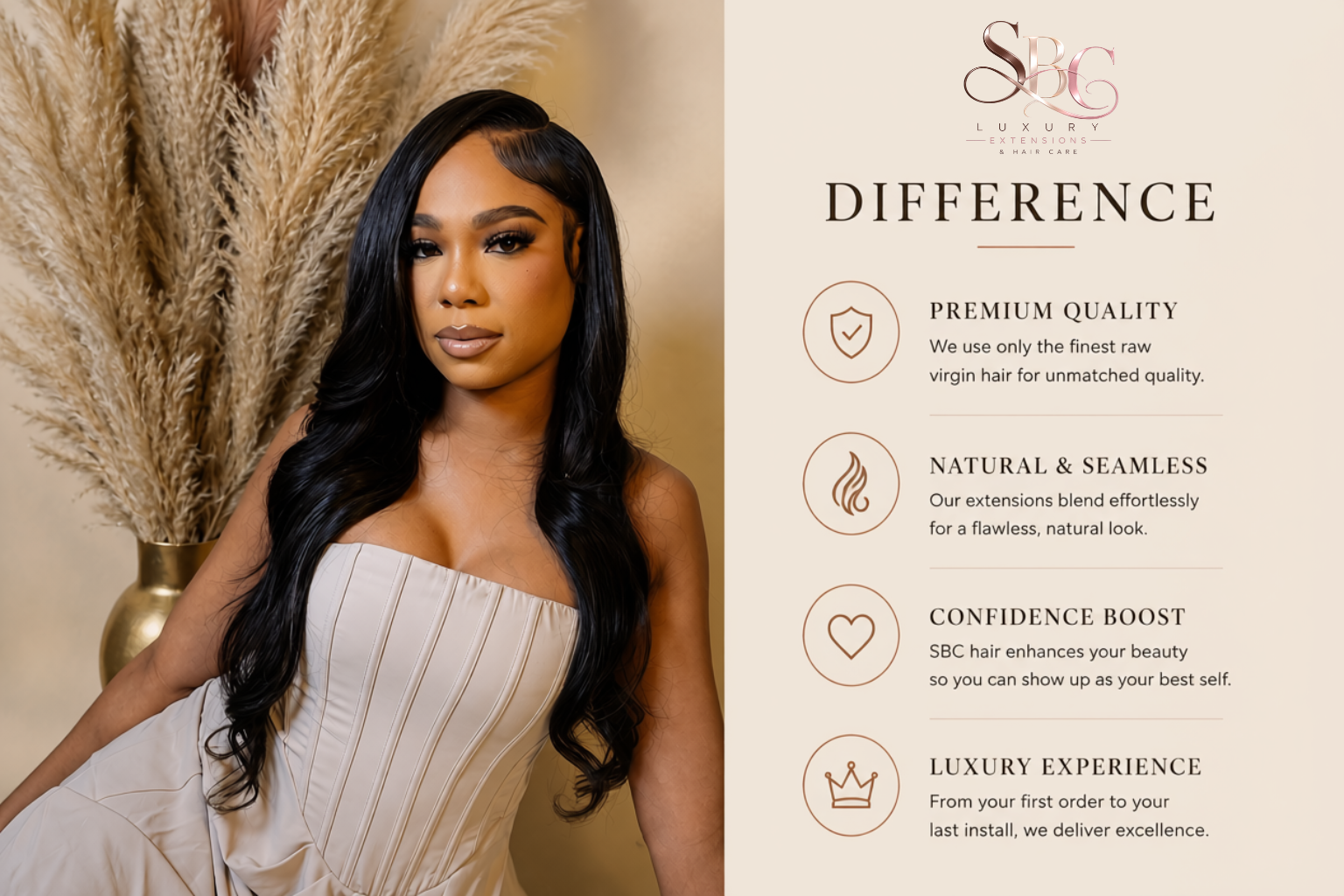 A woman with long black wavy hair, wearing a strapless beige dress, standing next to a beige wall with text and icons about hair extensions and hair care on the right side.