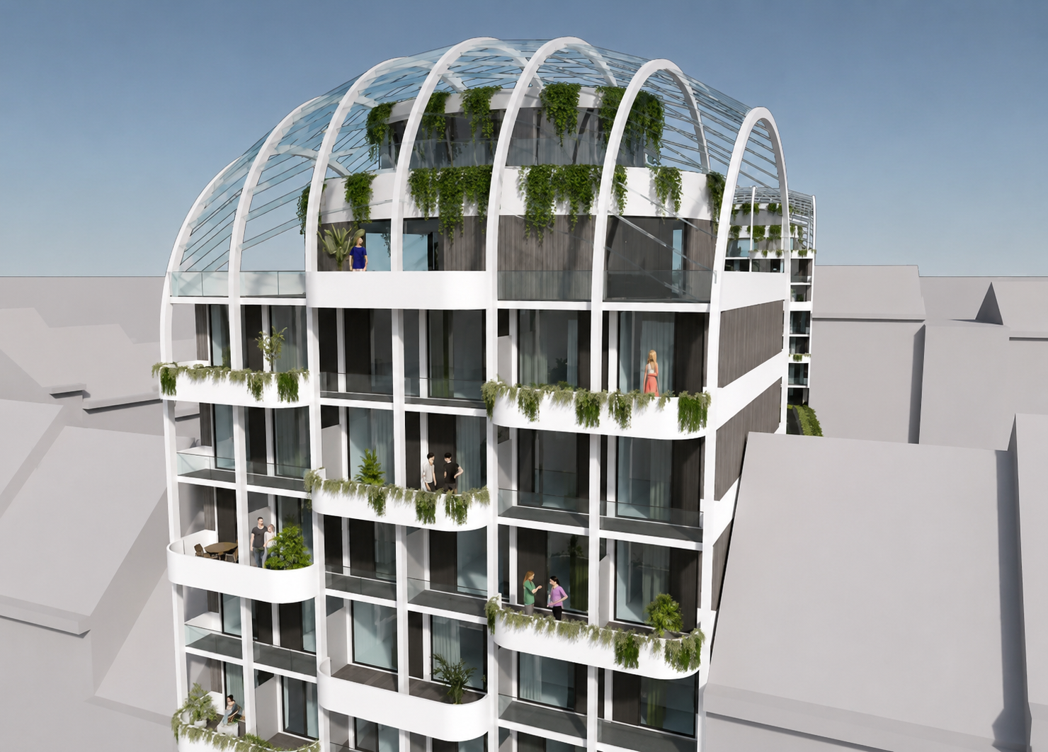 Architectural rendering of a modern apartment building with glass-domed rooftop, curved balconies, and lush greenery