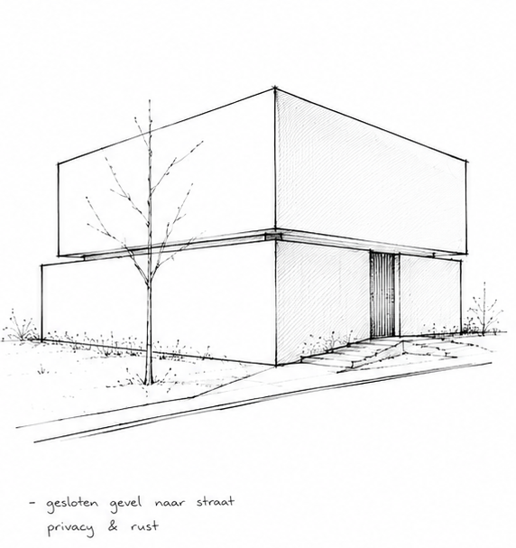 Architectural sketch of a modern two-story house with a closed street-facing facade, flat roofline, entry walkway, and sparse landscaping.