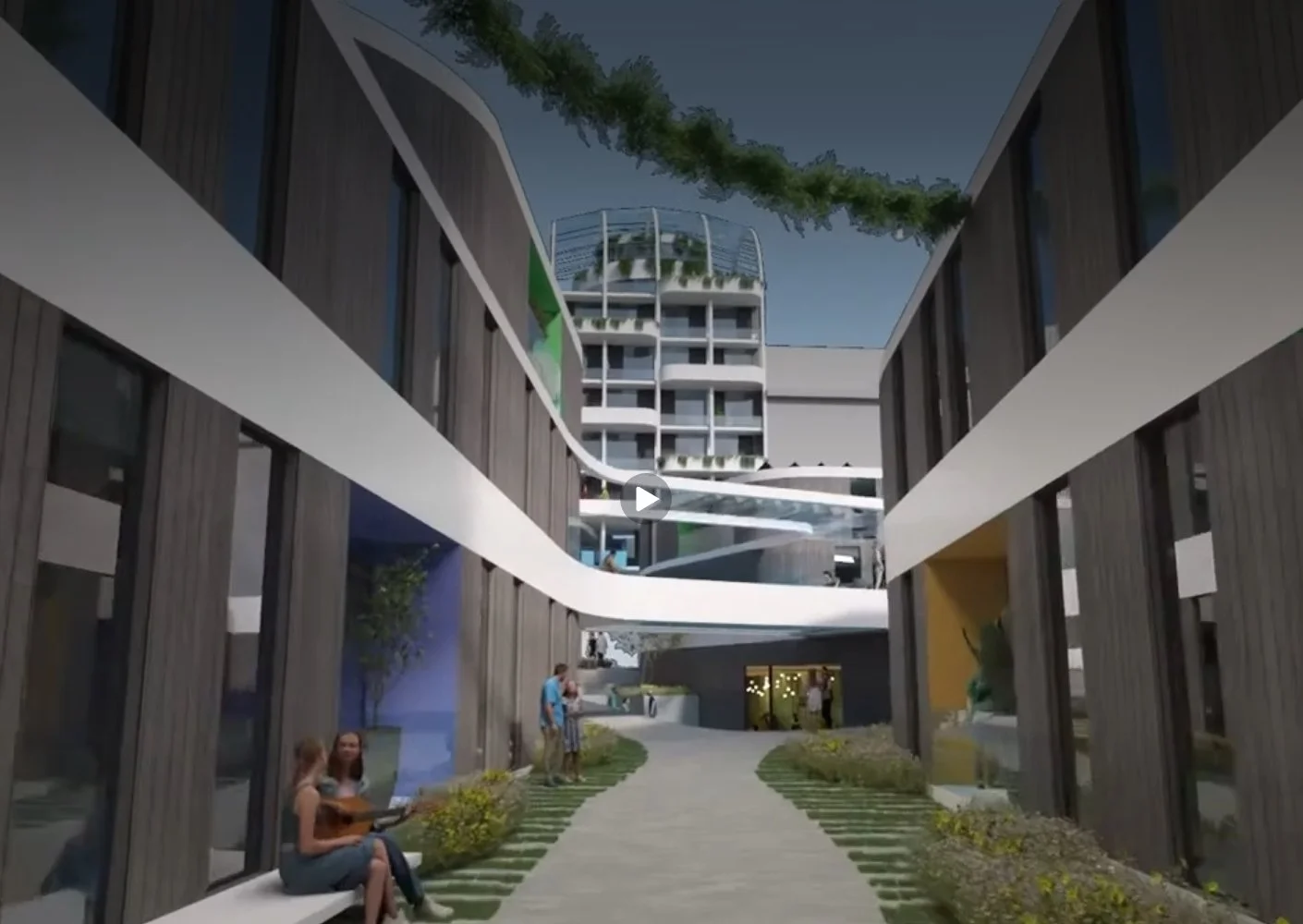 Modern landscaped courtyard between contemporary buildings with elevated white walkways and people relaxing outdoors