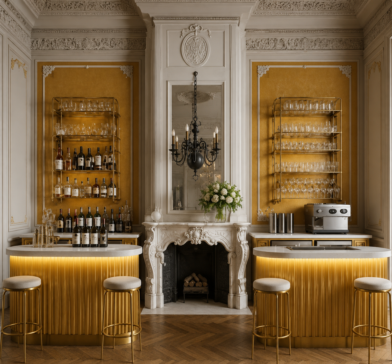 Luxurious traditional home bar with gold cabinetry, wine bottles, glassware, ornate fireplace, chandelier, and bar stools