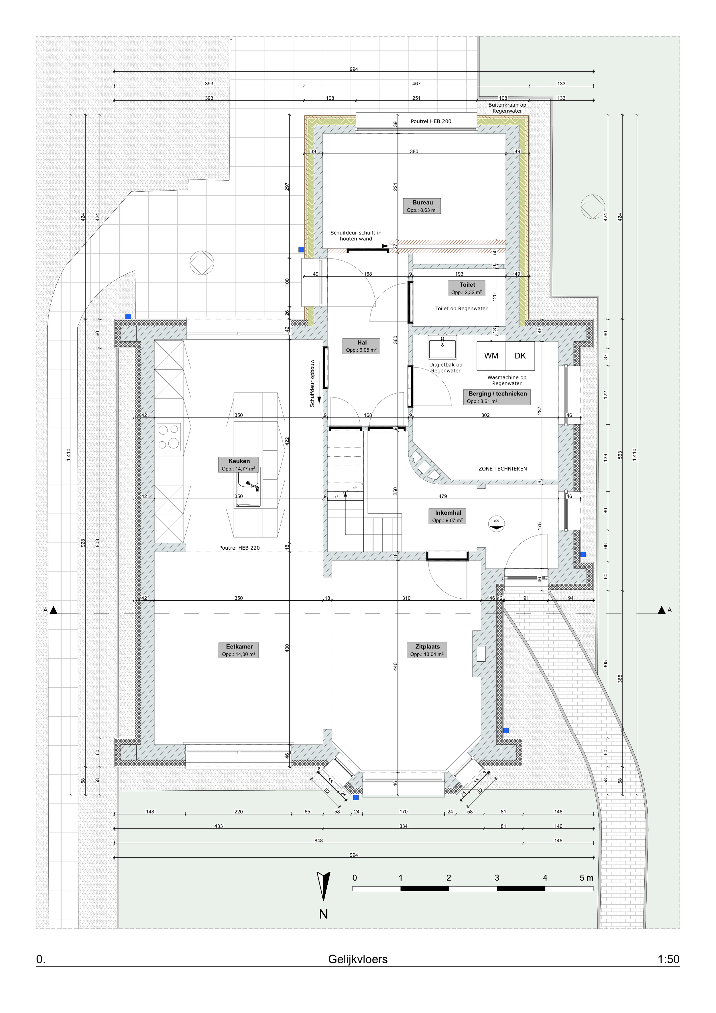 Architectural floor plan of a single-story house showing kitchen, living room, bedrooms, office, toilet, utility room, hall, dimensions, and site layout.
