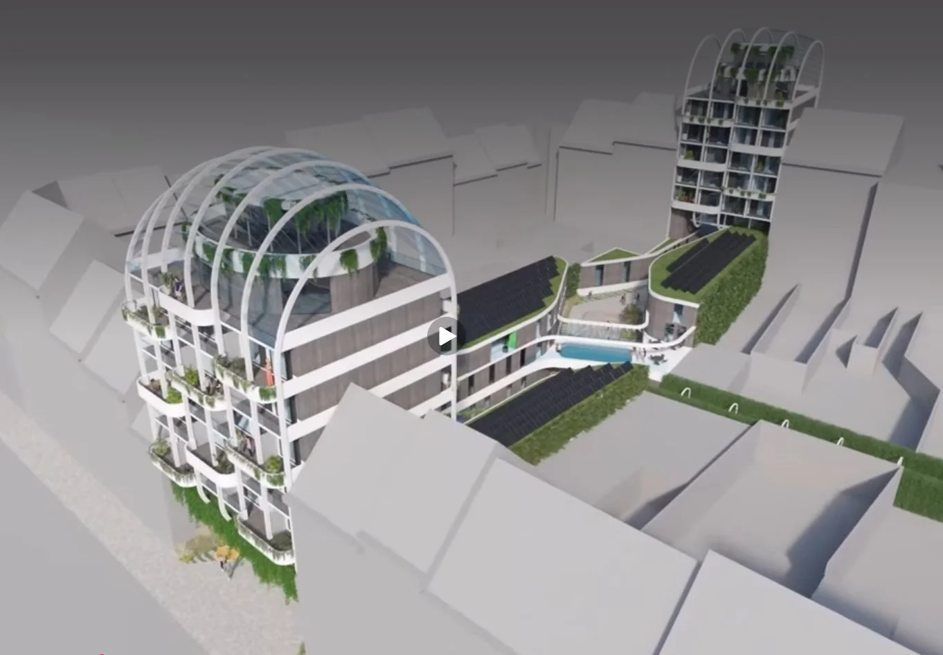 Architectural rendering of a sustainable, plant-covered residential complex with rooftop gardens, solar panels, and a swimming pool