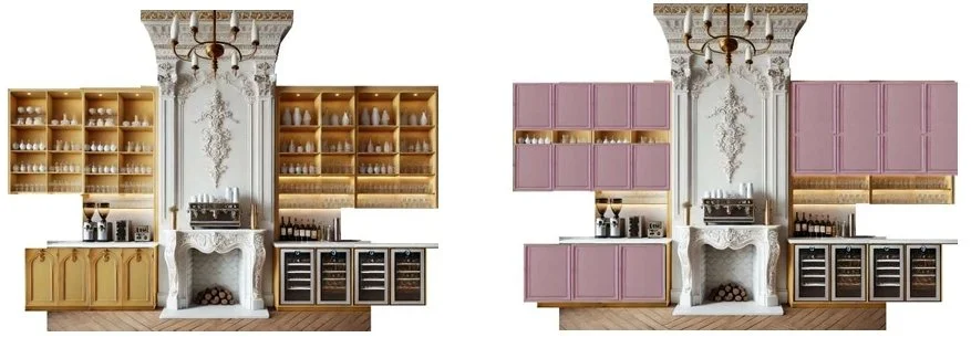 Side-by-side kitchen design comparison with wood cabinetry and open shelving on the left, and mauve cabinetry with closed upper cabinets on the right, both featuring a marble fireplace and wine storage.