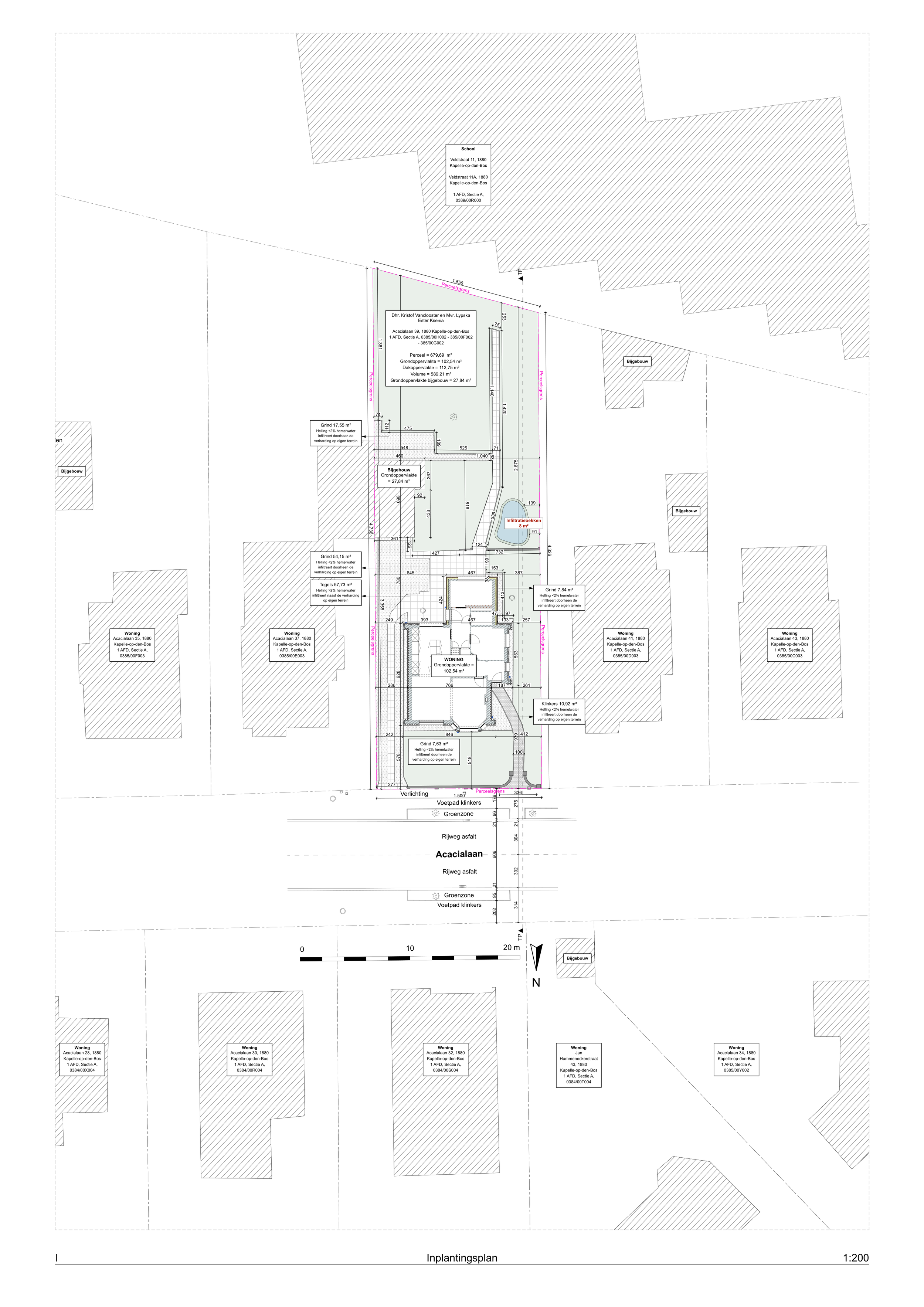 Detailed site plan showing a proposed residence, outbuildings, garden, paving, infiltration basin, neighboring properties, and Acacialaan street layout.