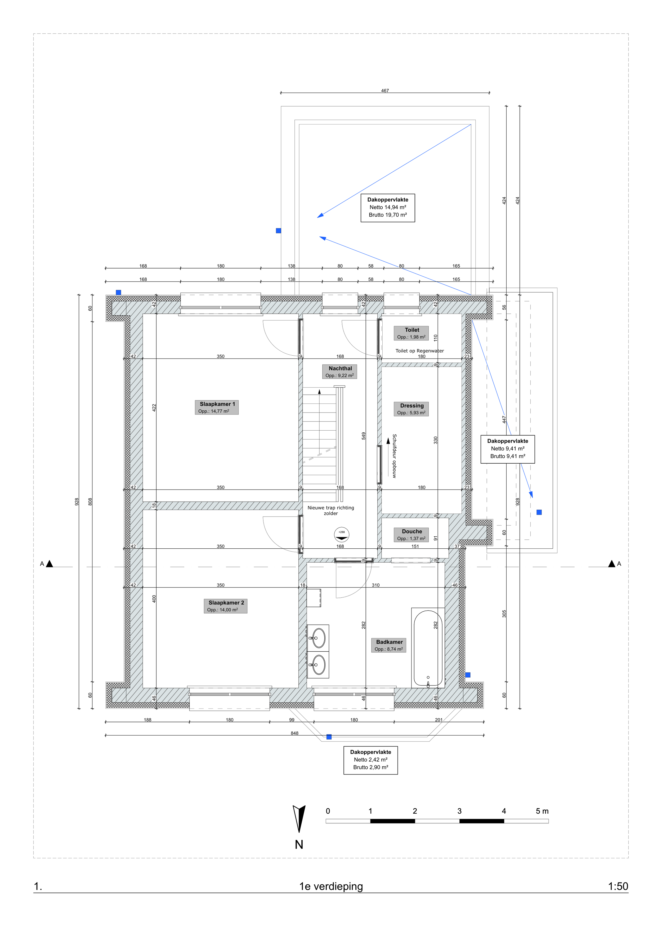 Architectural floor plan for a first-floor attic level showing two bedrooms, dressing room, bathroom, toilet, shower, stairwell, dimensions, and roof-surface areas.