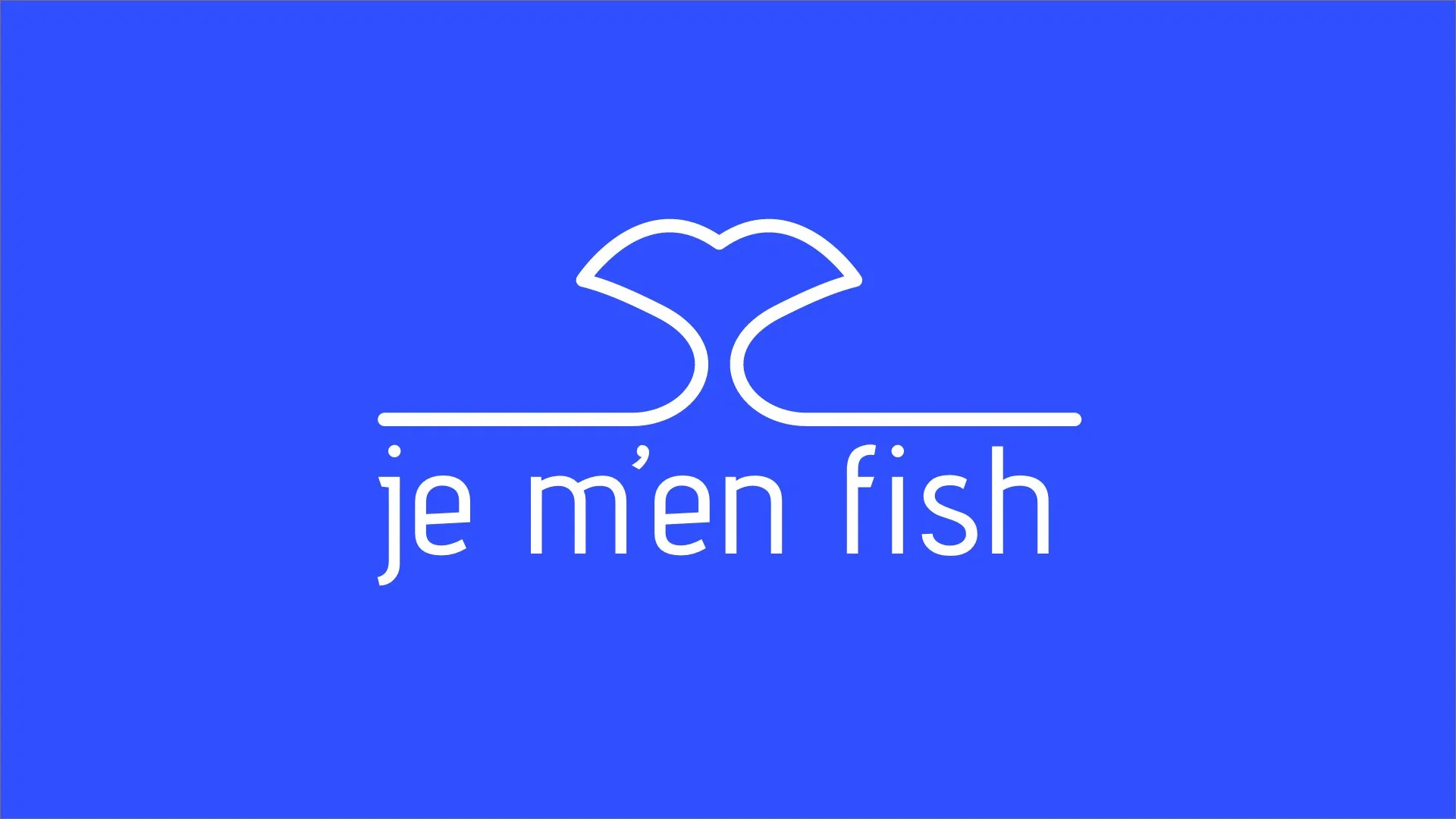 Blue logo with a white stylized fish above the text “je m’en fish.”
