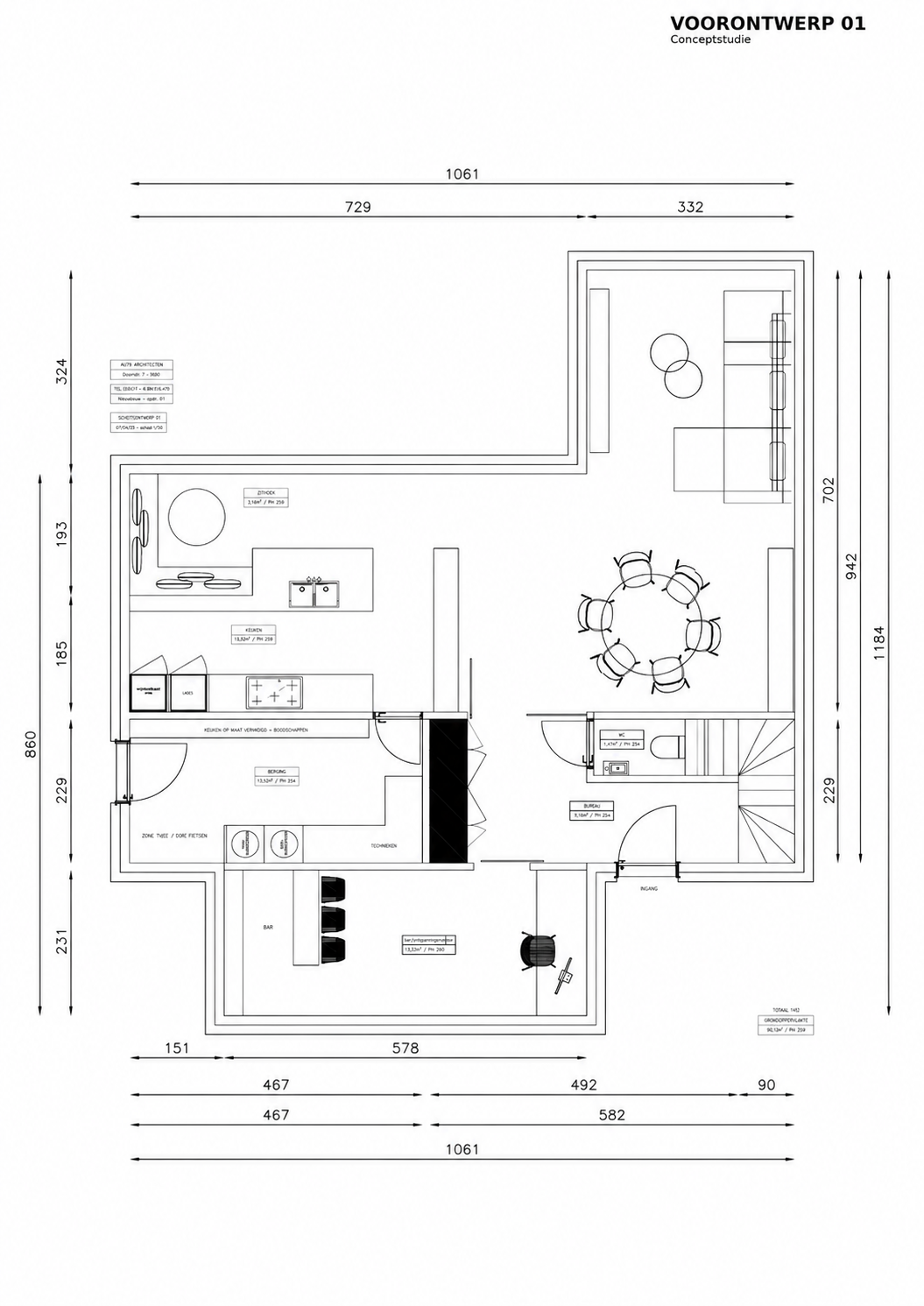 Architectural floor plan showing a residential apartment layout with kitchen, living room, dining area, bedroom, bathroom, stairs, furniture, and dimensions.