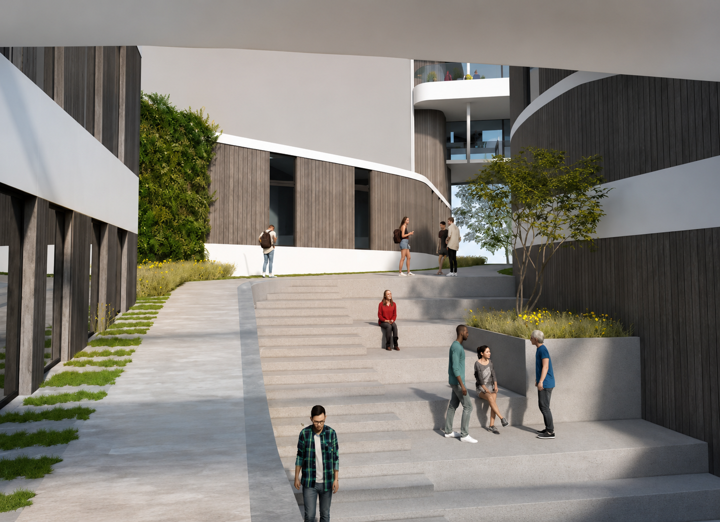 Modern multi-level courtyard with concrete steps, wood-paneled architecture, landscaping, and diverse people socializing