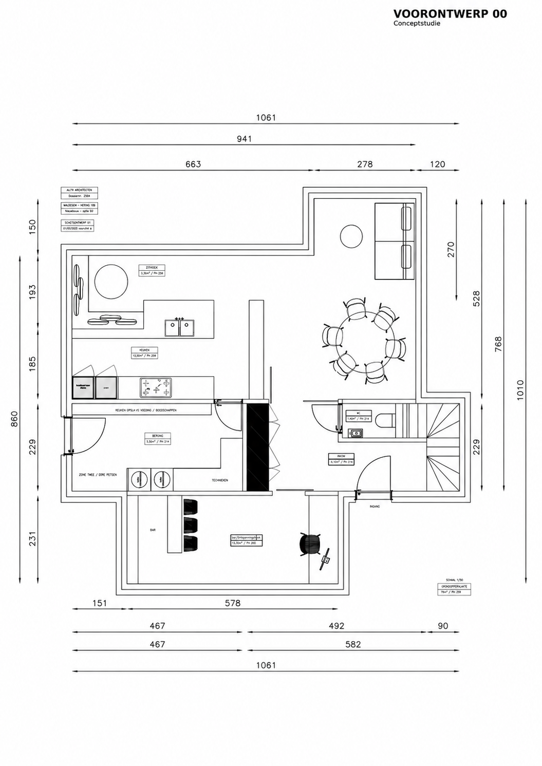 Architectural floor plan showing a residential apartment layout with kitchen, dining area, living room, bedrooms, bathroom, stairs, dimensions, and furniture.