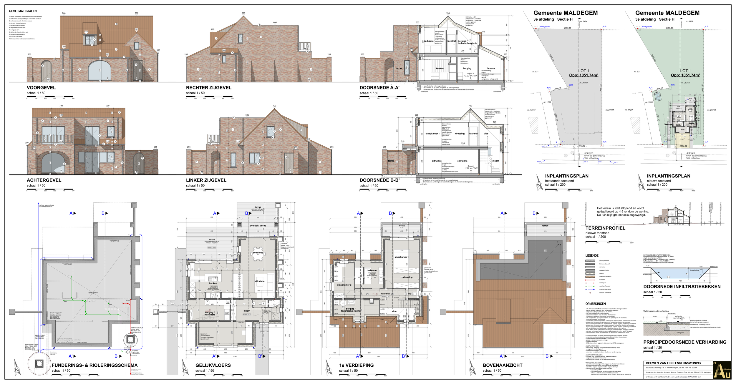 Architectural construction plan showing elevations, floor plans, building sections, site plans, foundation details, and roof plan for a single-family home.