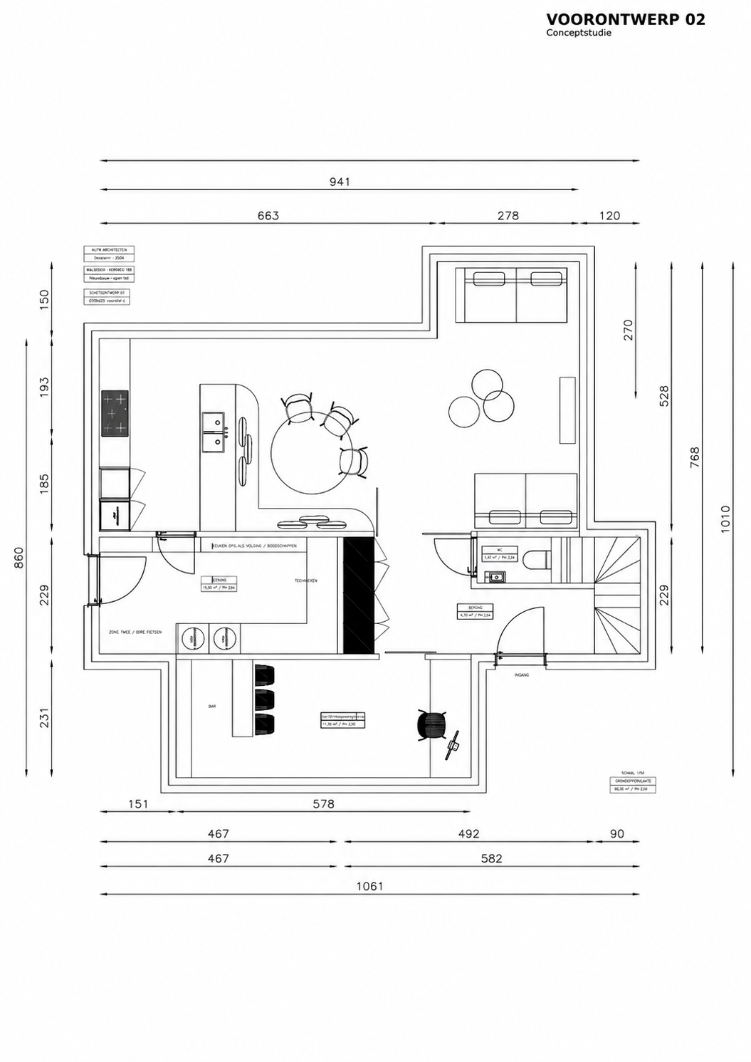 Architectural floor plan showing a furnished apartment layout with kitchen, dining and living area, bathroom, entryway, staircase, dimensions, and Dutch room labels.