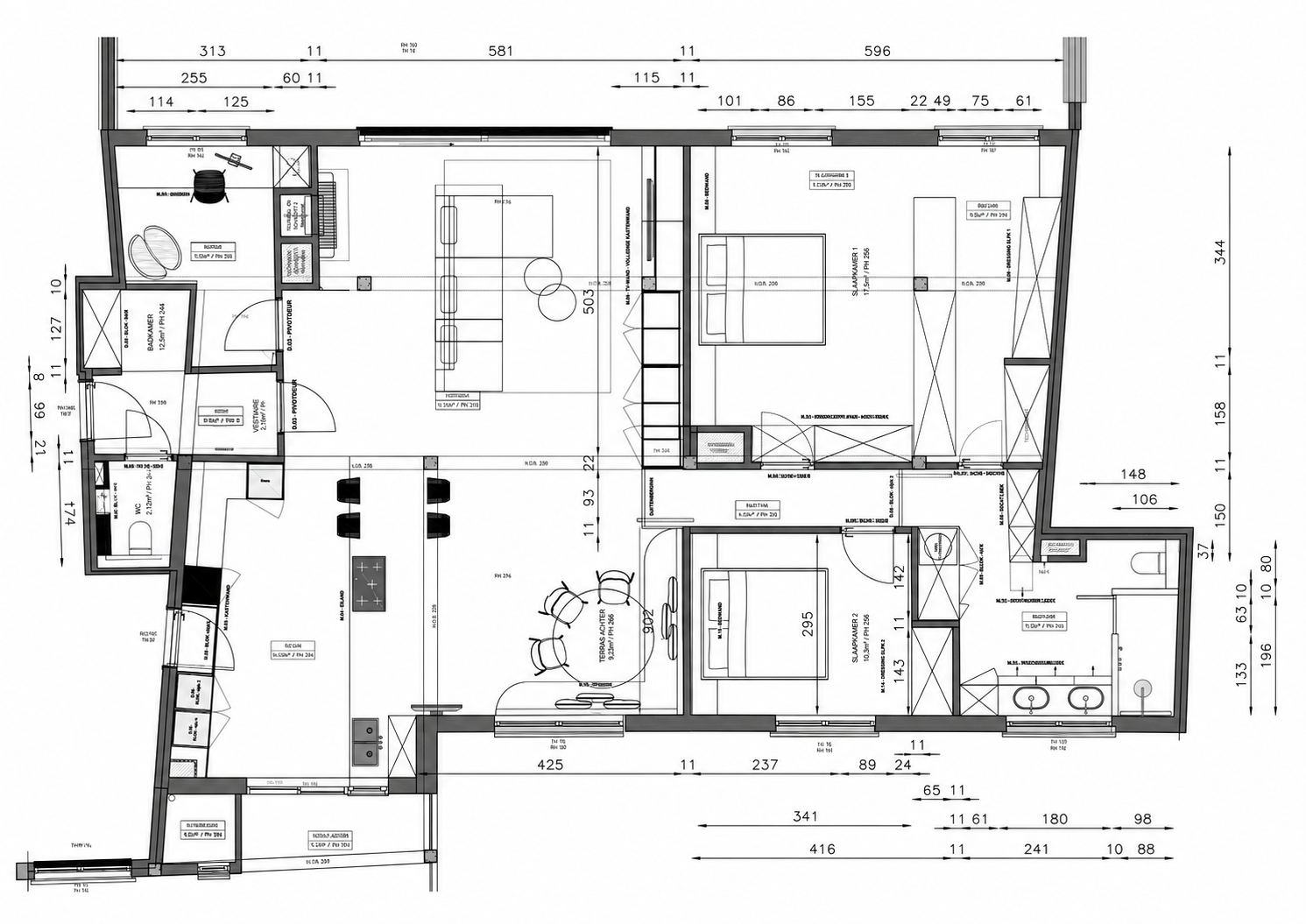 Detailed architectural floor plan of a multi-room apartment with three bedrooms, kitchen, living and dining areas, bathrooms, closets, windows, doors, furniture, and measurements