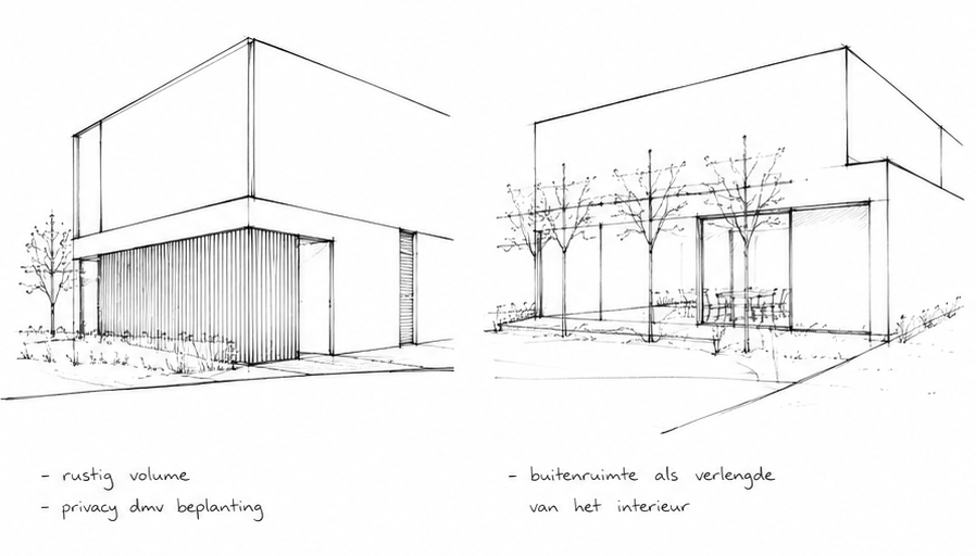 Architectural sketches of a modern two-story building with a rustic facade, privacy landscaping, and outdoor space extending the interior.