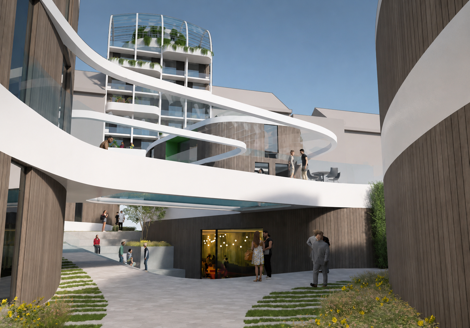 Architectural rendering of a modern multilevel building with sweeping white walkways, wood-paneled walls, rooftop greenery, and people gathering in landscaped courtyards.