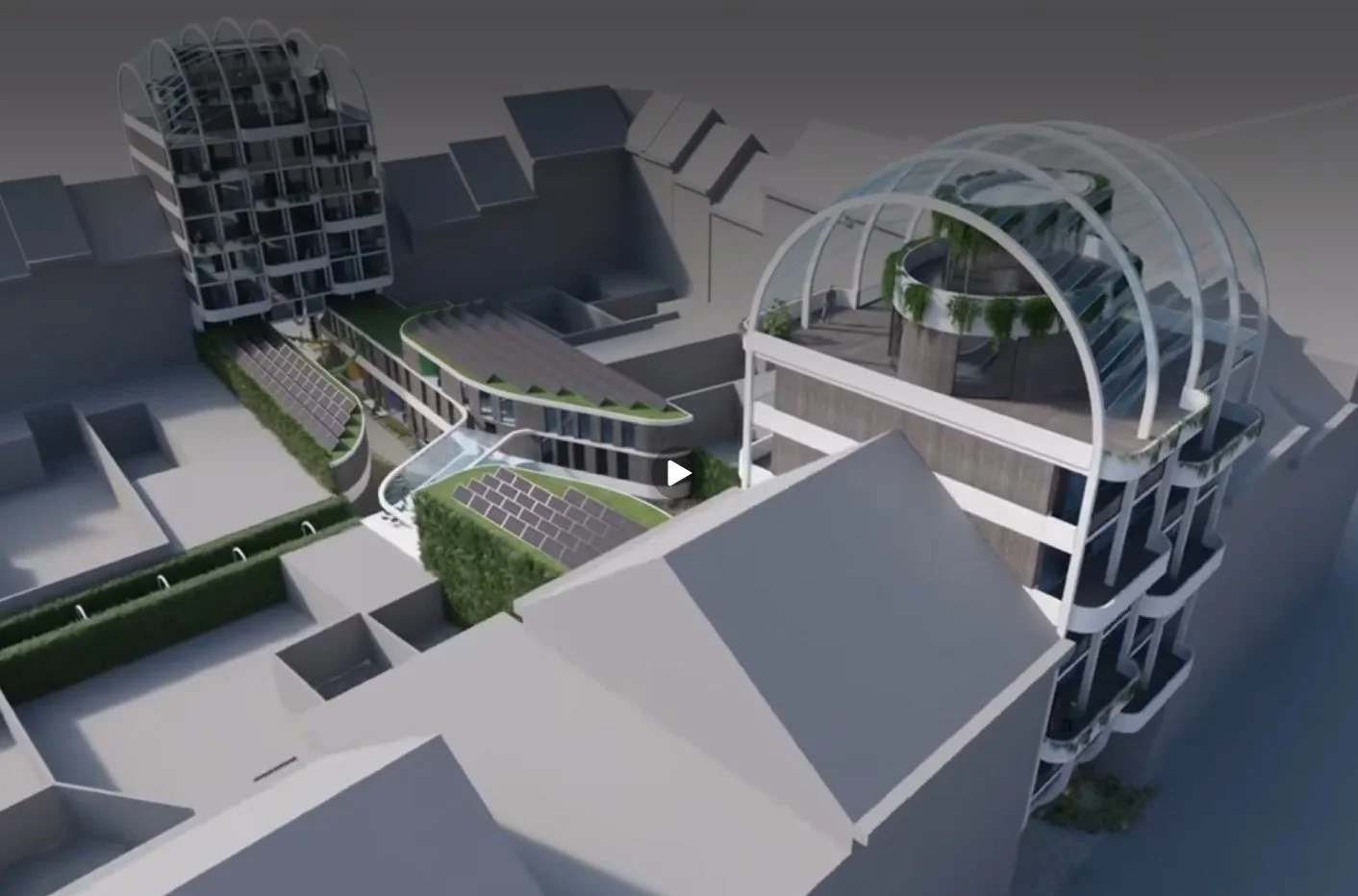 Architectural rendering of a futuristic sustainable building complex with rooftop gardens, solar panels, and glass-domed interiors