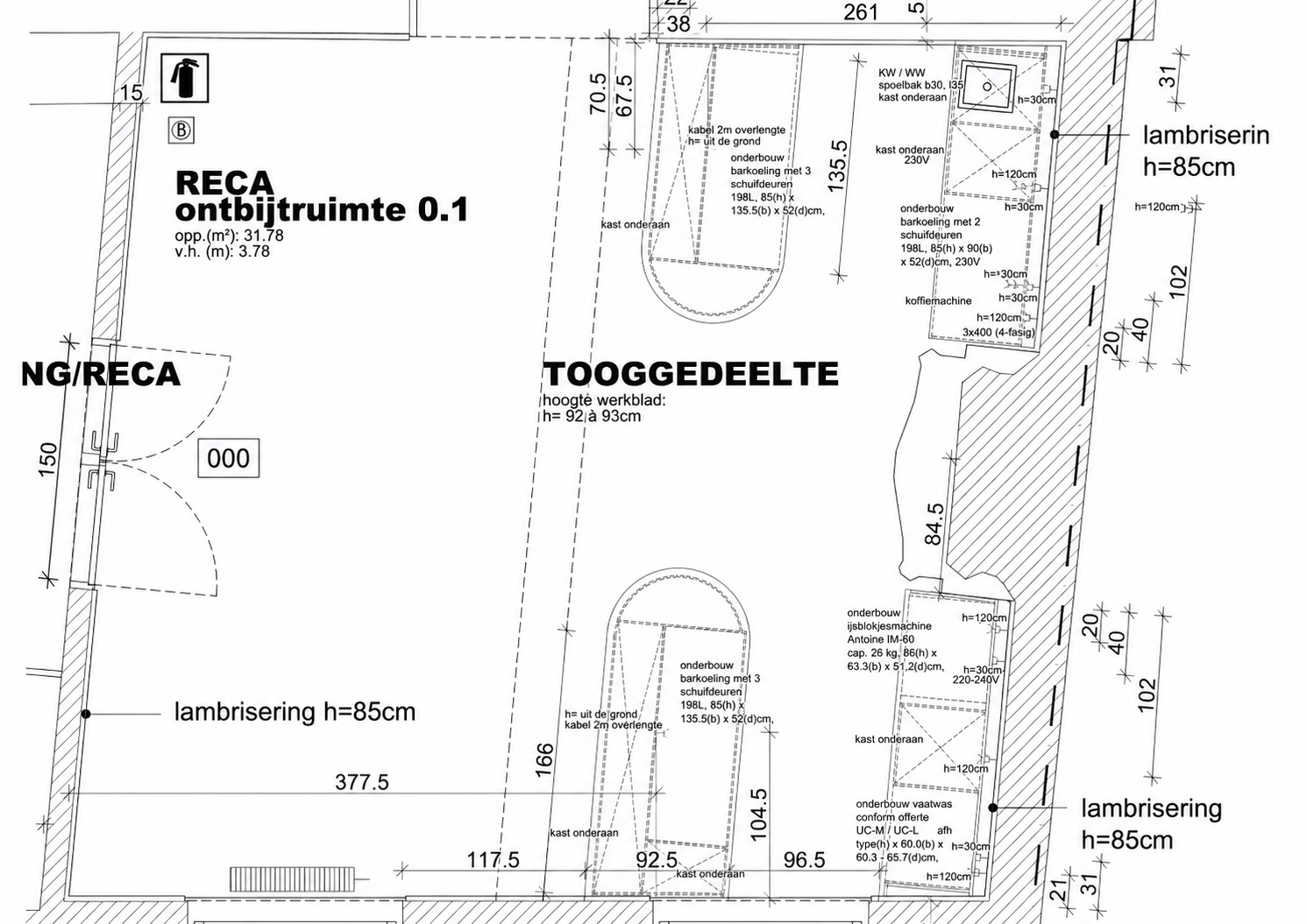 Architectural floor plan for a 31.78-square-meter breakfast room, showing kitchen cabinetry, appliances, dimensions, doors, and utility layouts.
