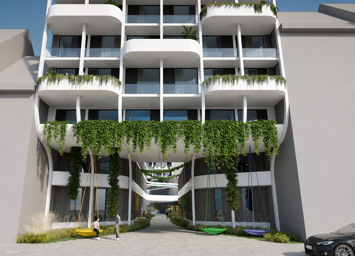 Modern multi-story residential building with curved balconies, lush hanging greenery, landscaped courtyard, and colorful swings