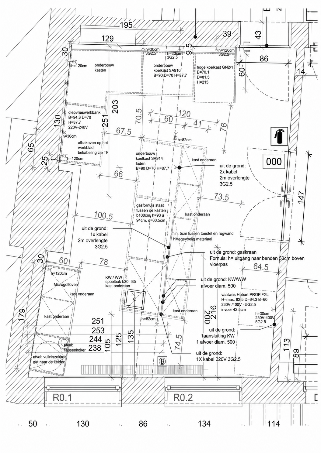 Detailed architectural floor plan of a kitchen layout with cabinets, appliances, plumbing, electrical connections, dimensions, doors, and windows
