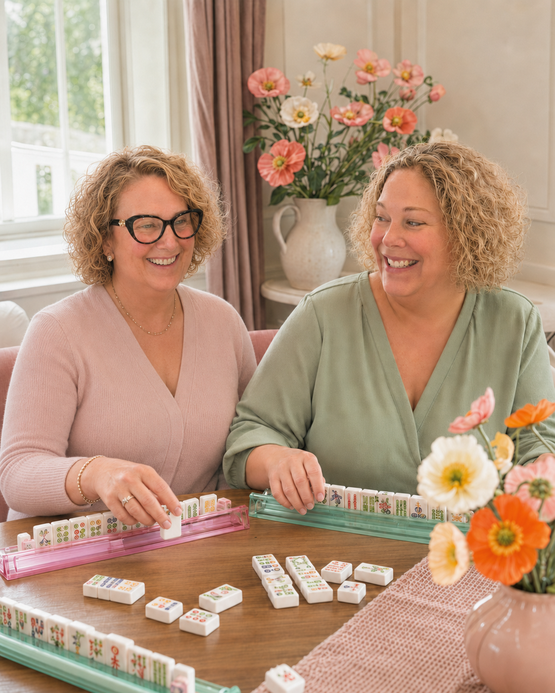 The Poppy Pair, A mother daughter team, enjoying a game of American Mah Jongg
