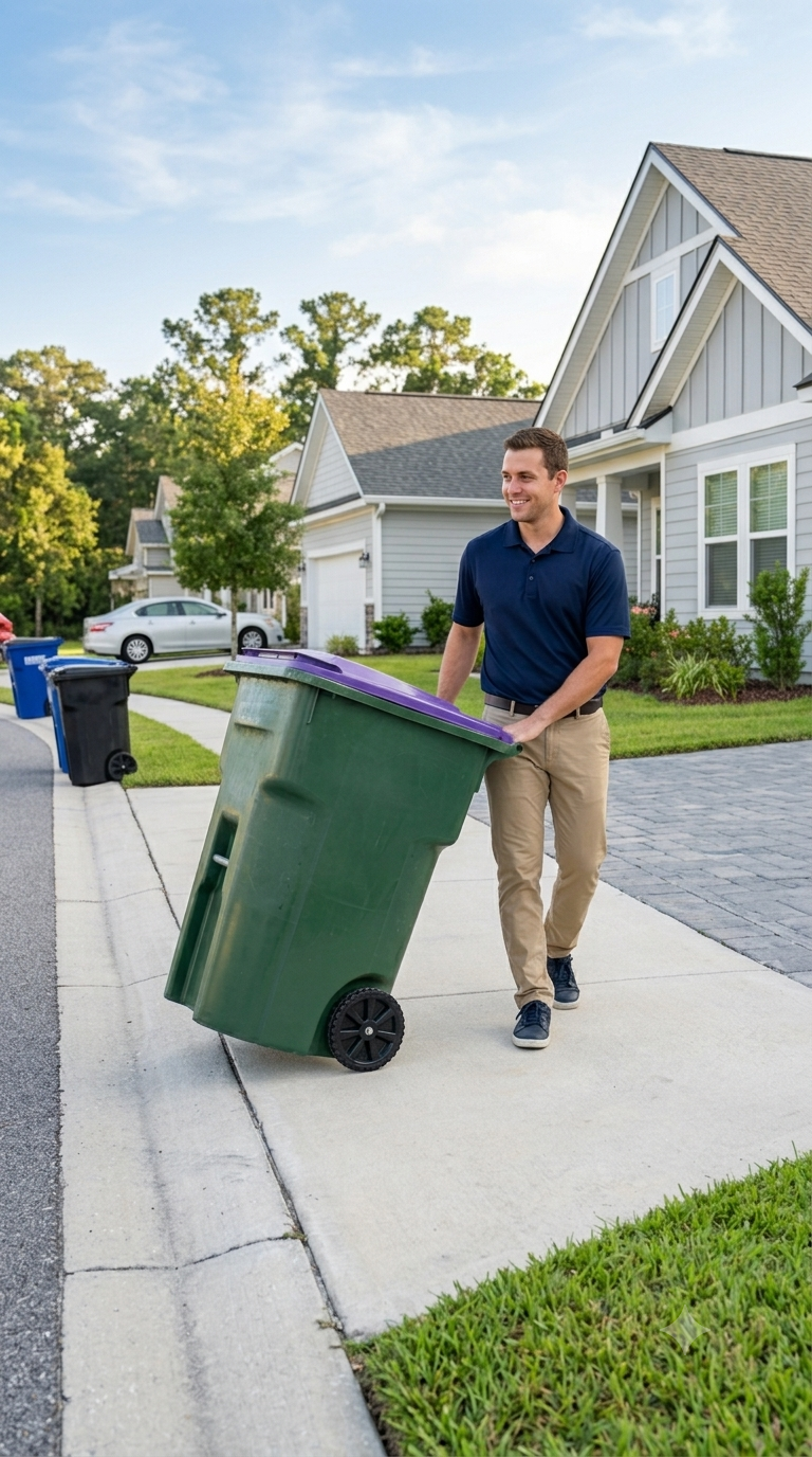 A man in a navy polo and khaki pants pushing a green trash bin on a suburban sidewalk, with houses, cars, and trees in the background on a clear day.