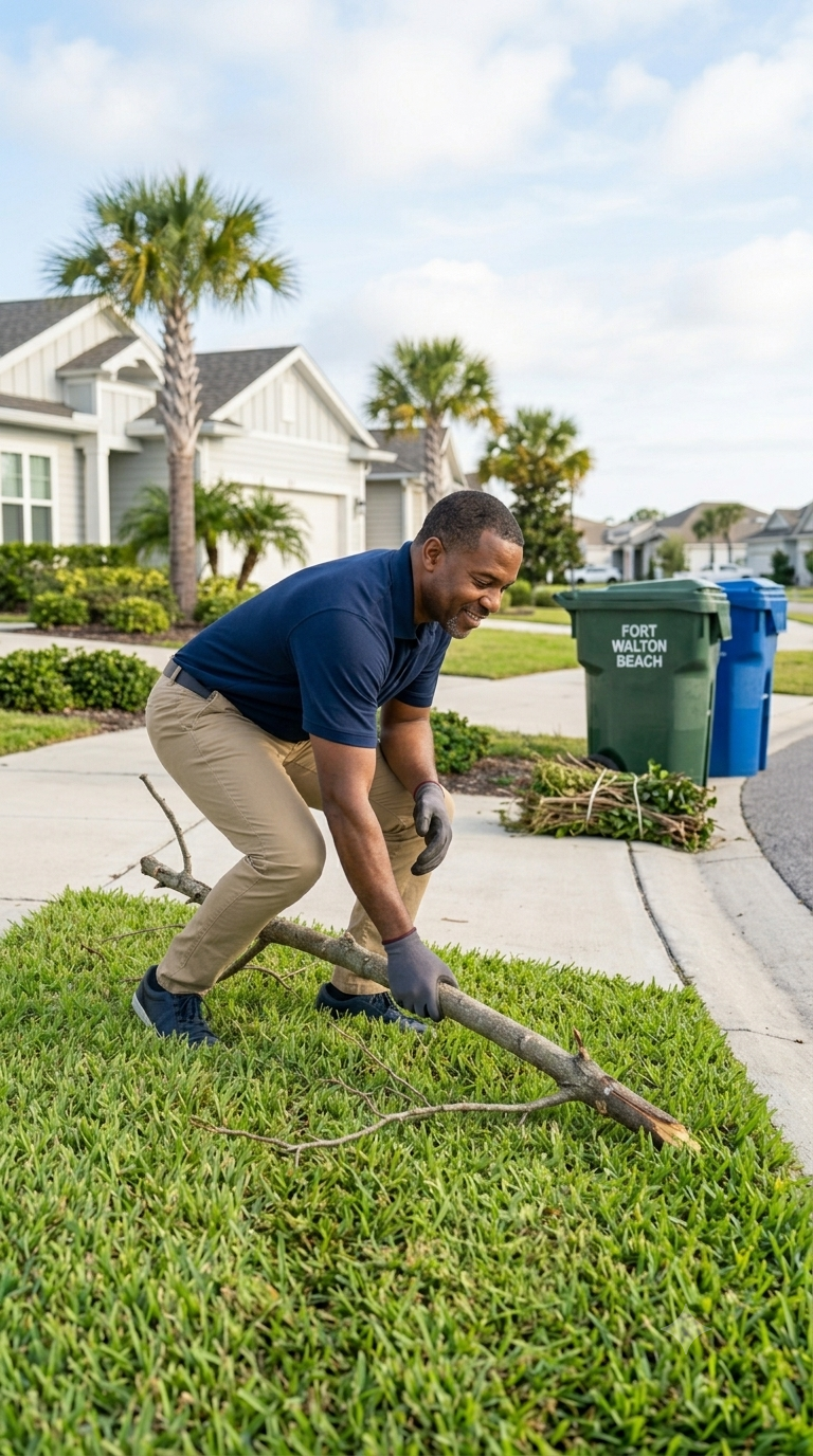 A man trimming a small tree in a suburban neighborhood on a sunny day.