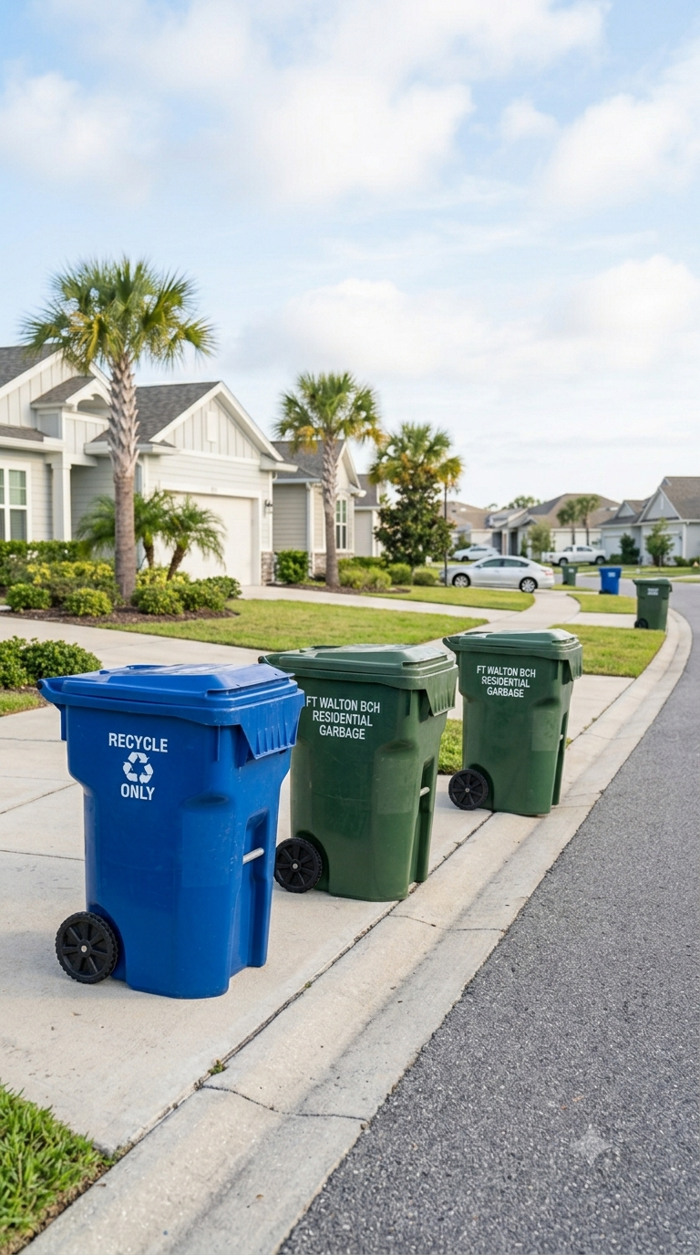 Three trash and recycling bins on a suburban sidewalk: a blue recycle bin labeled 'RECYCLE ONLY,' and two green bins labeled 'FT WALTON BCH RESIDENTIAL GARBAGE.' Houses, palm trees, and parked cars line the street in the background.
