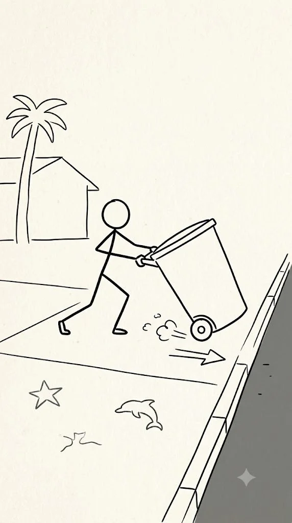 Line drawing of a person pushing a trash bin on the sidewalk near a house, with a palm tree, starfish, and dolphins in the background.