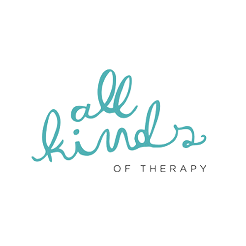 Logo for 'All Kinds of Therapy' with a black background and teal cursive text.
