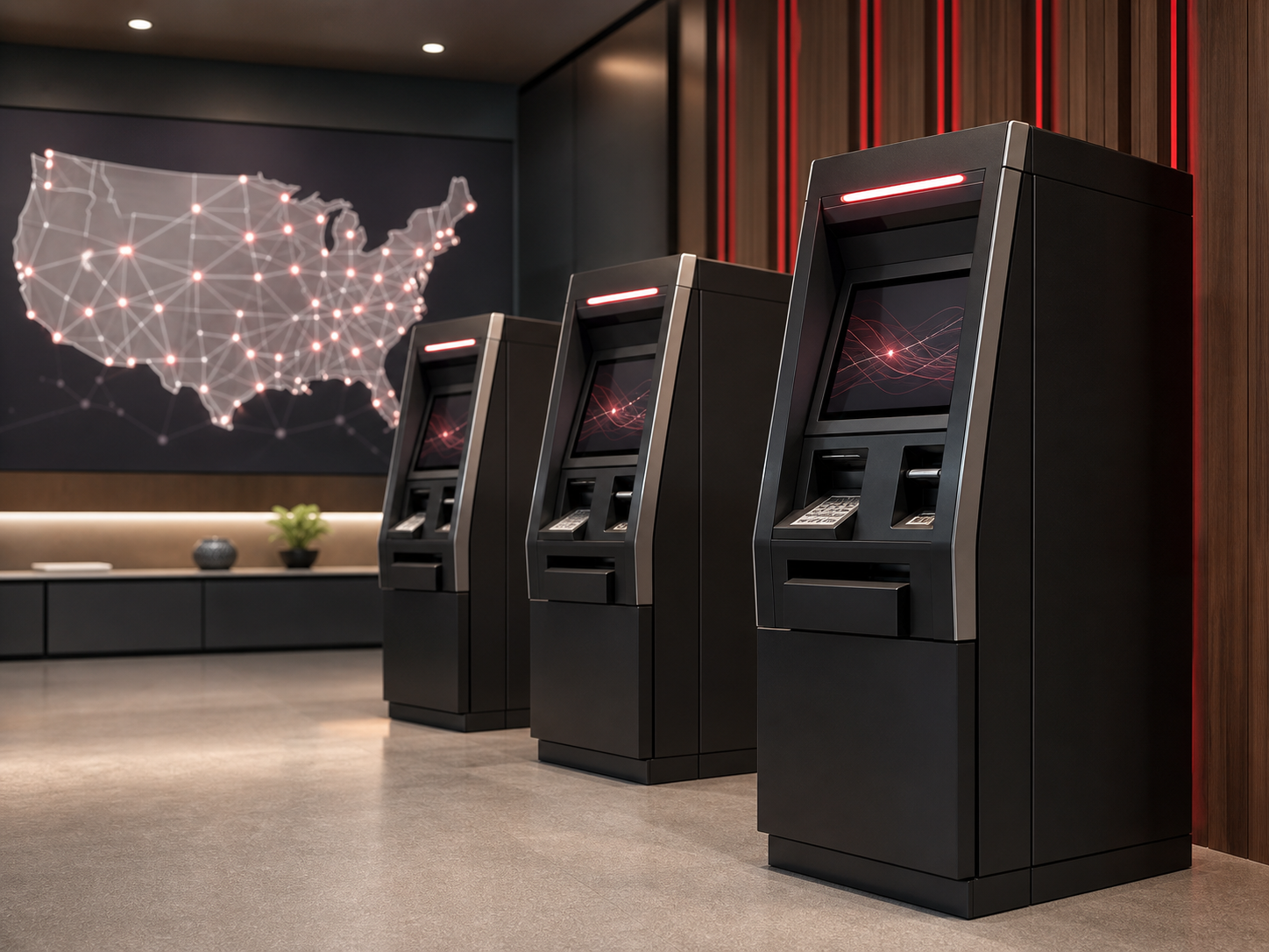 Three black ATMs with red lighting in a modern lobby, with a map of the United States on the wall behind them.