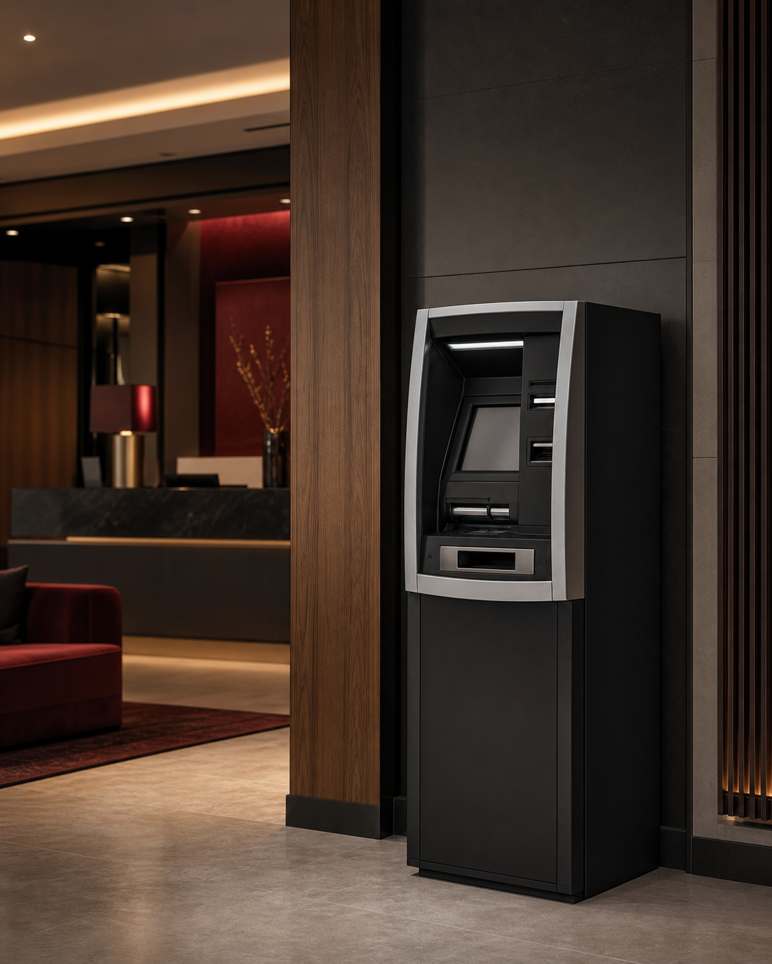 ATM machine in a modern hotel lobby with a wooden wall and seating area in the background.