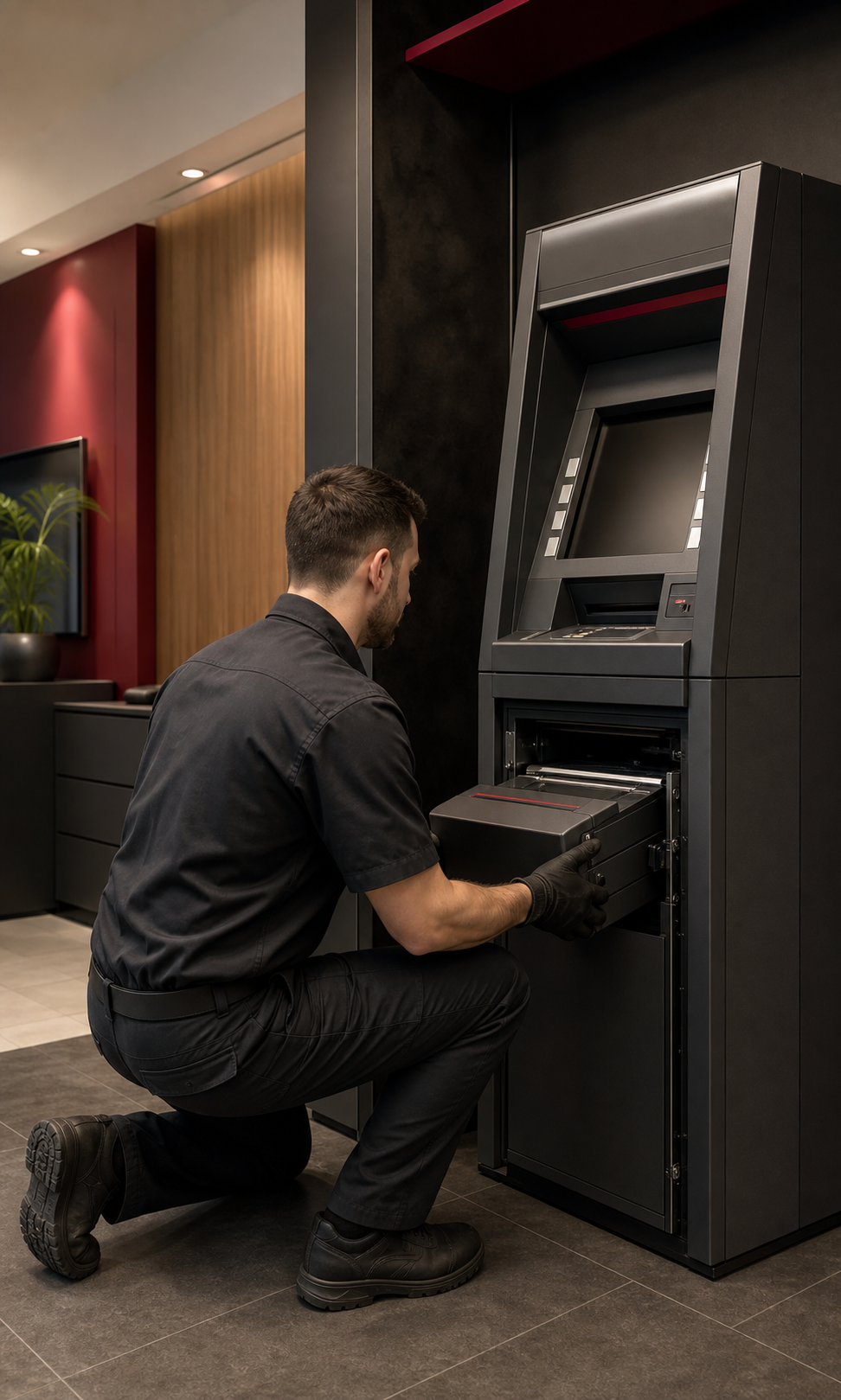 A man kneeling in front of an ATM or cash machine, inserting or removing a black box.