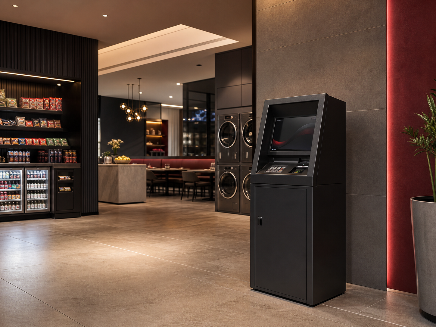 Self-service kiosk in a modern hotel lobby with laundry machines in the background.