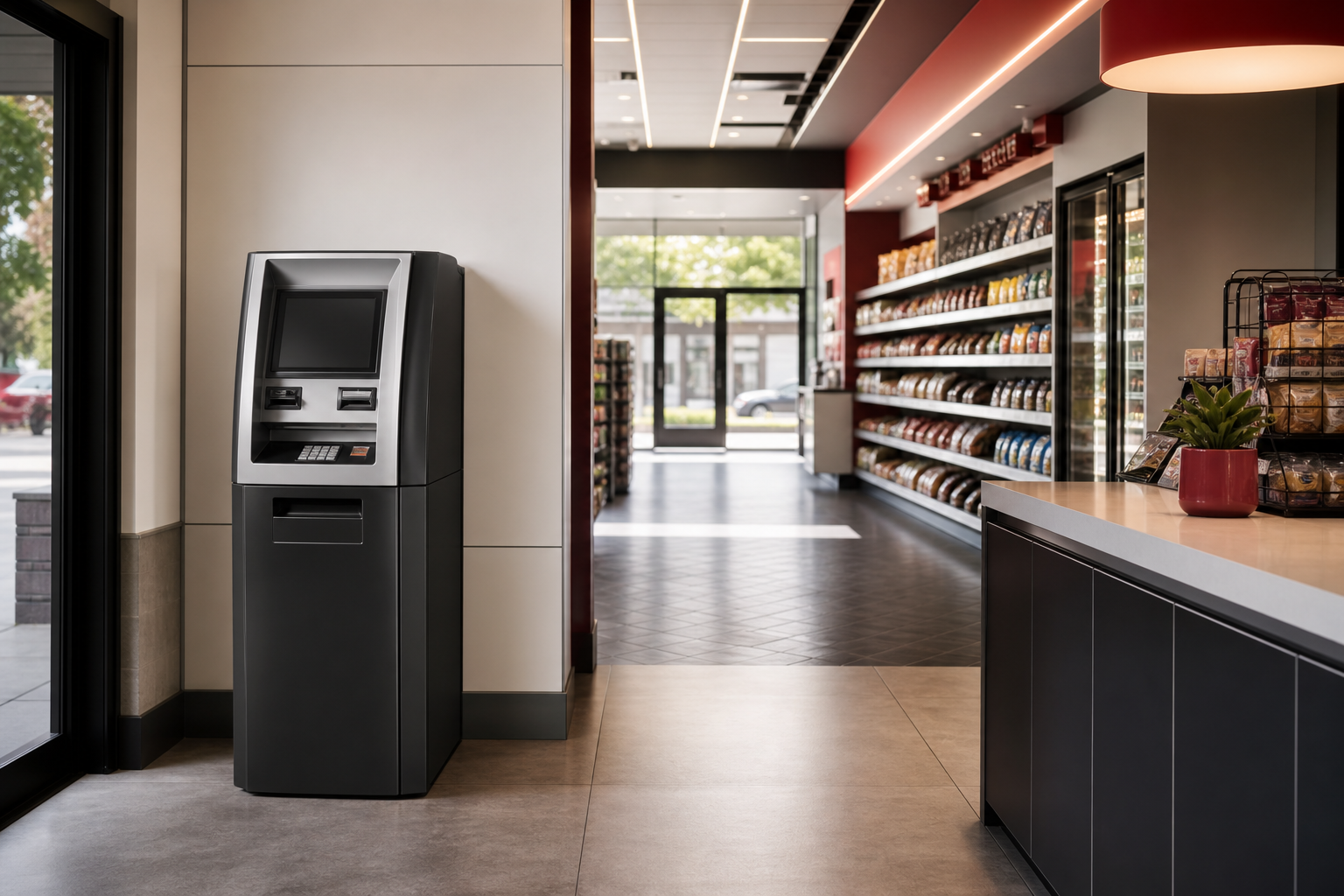 Inside a convenience store with shelves stocked with snacks, a checkout kiosk near the entrance, and a counter with a potted plant.