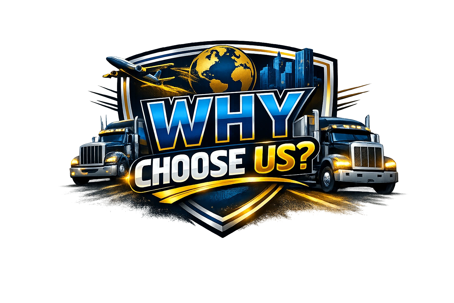 A graphic with a blue and gold shield featuring a globe, an airplane, a city skyline, two semi-trailer trucks, and the text 'WHY CHOOSE US?' in bold blue, white, and yellow letters.