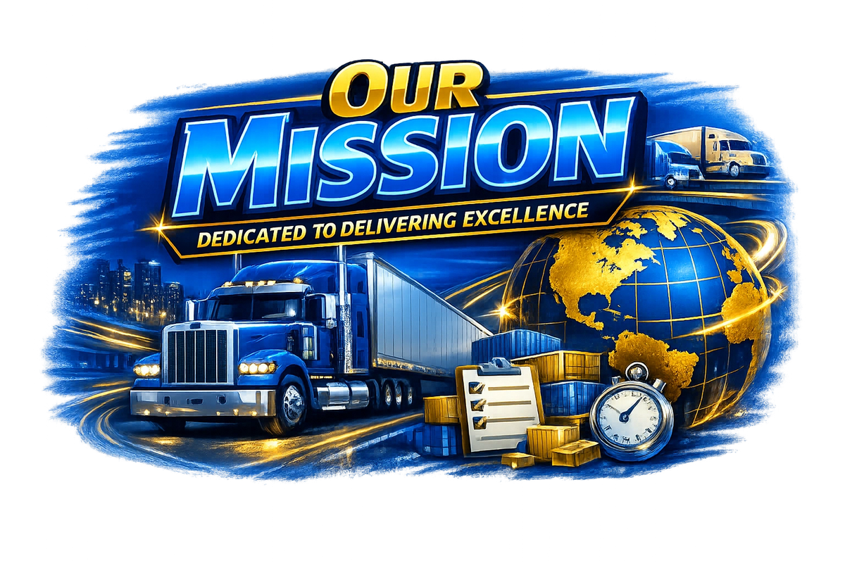 A graphic design featuring the words 'Our Mission' and 'Dedicated to Delivering Excellence' with images of trucks, a globe, stacks of boxes, a clipboard, and a stopwatch, emphasizing logistics and transportation.