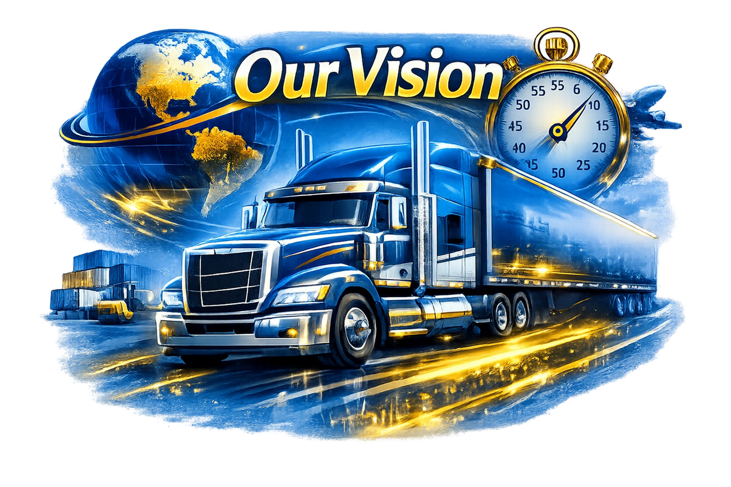 A stylized graphic featuring a semi-truck with a large globe in the background, the text 'Our Vision' above, and a large stopwatch to the right, symbolizing time and global reach.