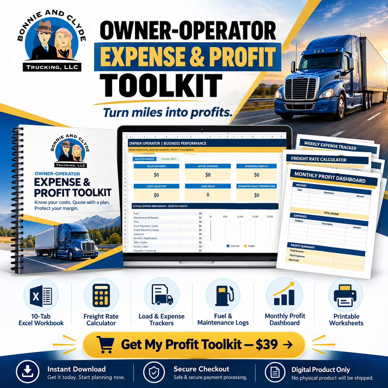 Owner-Operator Expense & Profit Toolkit | 10-Tab Freight Business Command Center