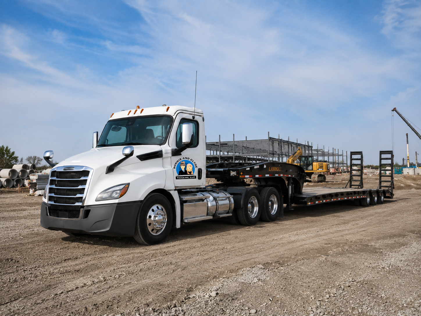 A flatbed semi-truck parked on a construction site with heavy equipment and building framework in the background.