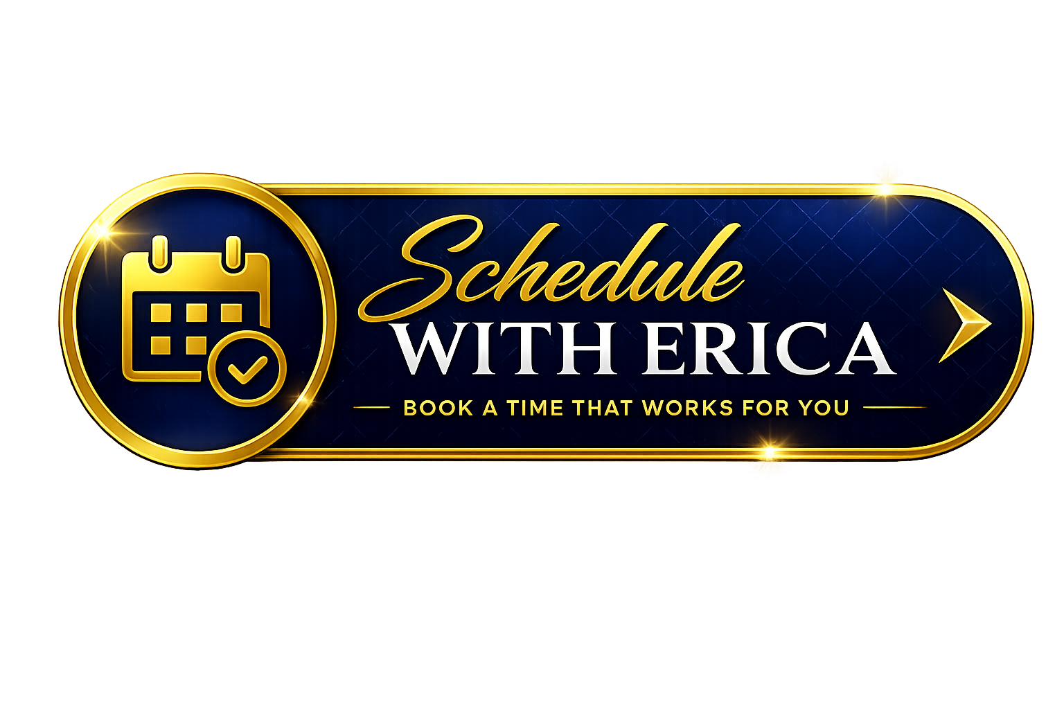 A promotional graphic for 'Schedule with Erica' features a gold and navy color scheme, with a calendar icon and the text 'Book a time that works for you'.