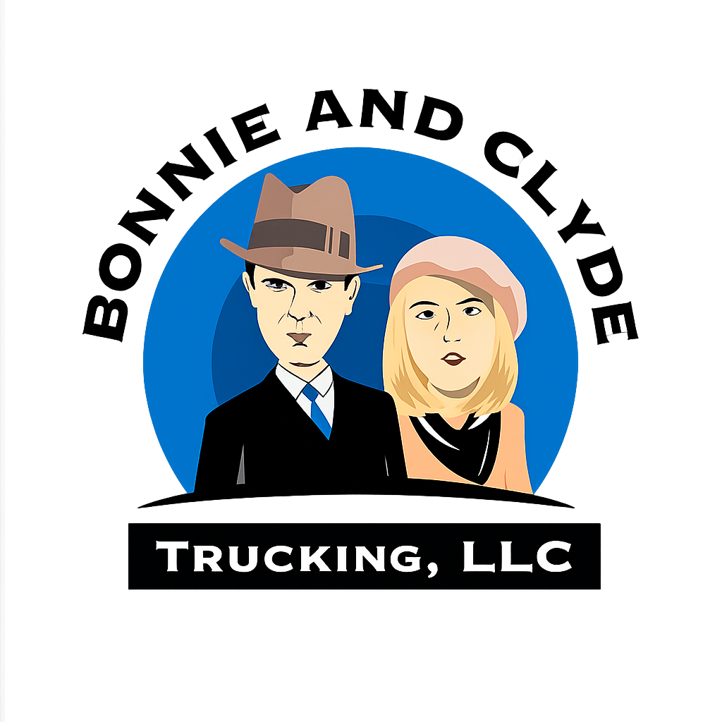 Logo for Bonnie and Clyde Trucking, LLC featuring illustrations of a man in a suit and tie wearing a fedora, and a woman with blonde hair and a light pink beret, set against a blue background.
